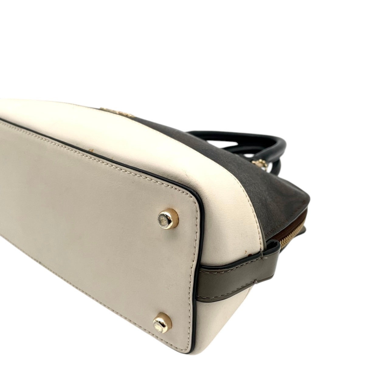 【美品】コーチ COACH F57493 シグネチャー ドーム型 2way ハンドバッグ ショルダーバッグ レザー ブラウン アイボリー 茶 白 ゴールド金具 ロゴ カバン 鞄 レディース エレガント カジュアル お出かけ デート 自立可 斜め掛け可 S99