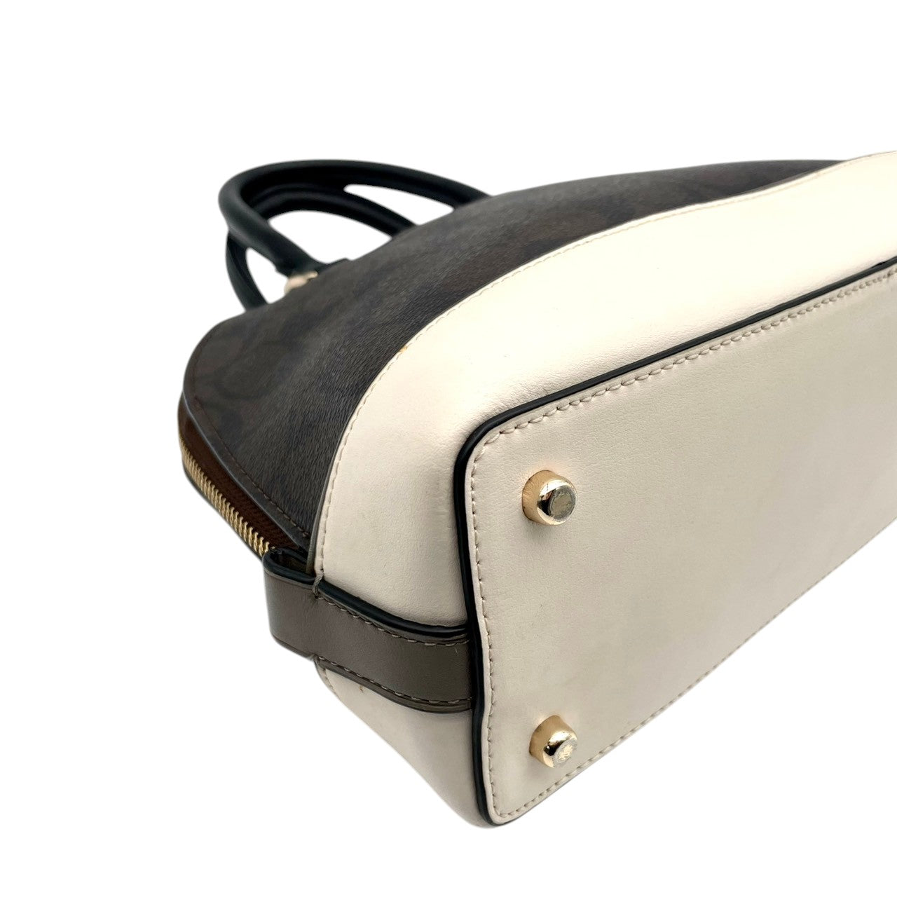 【美品】コーチ COACH F57493 シグネチャー ドーム型 2way ハンドバッグ ショルダーバッグ レザー ブラウン アイボリー 茶 白 ゴールド金具 ロゴ カバン 鞄 レディース エレガント カジュアル お出かけ デート 自立可 斜め掛け可 S99