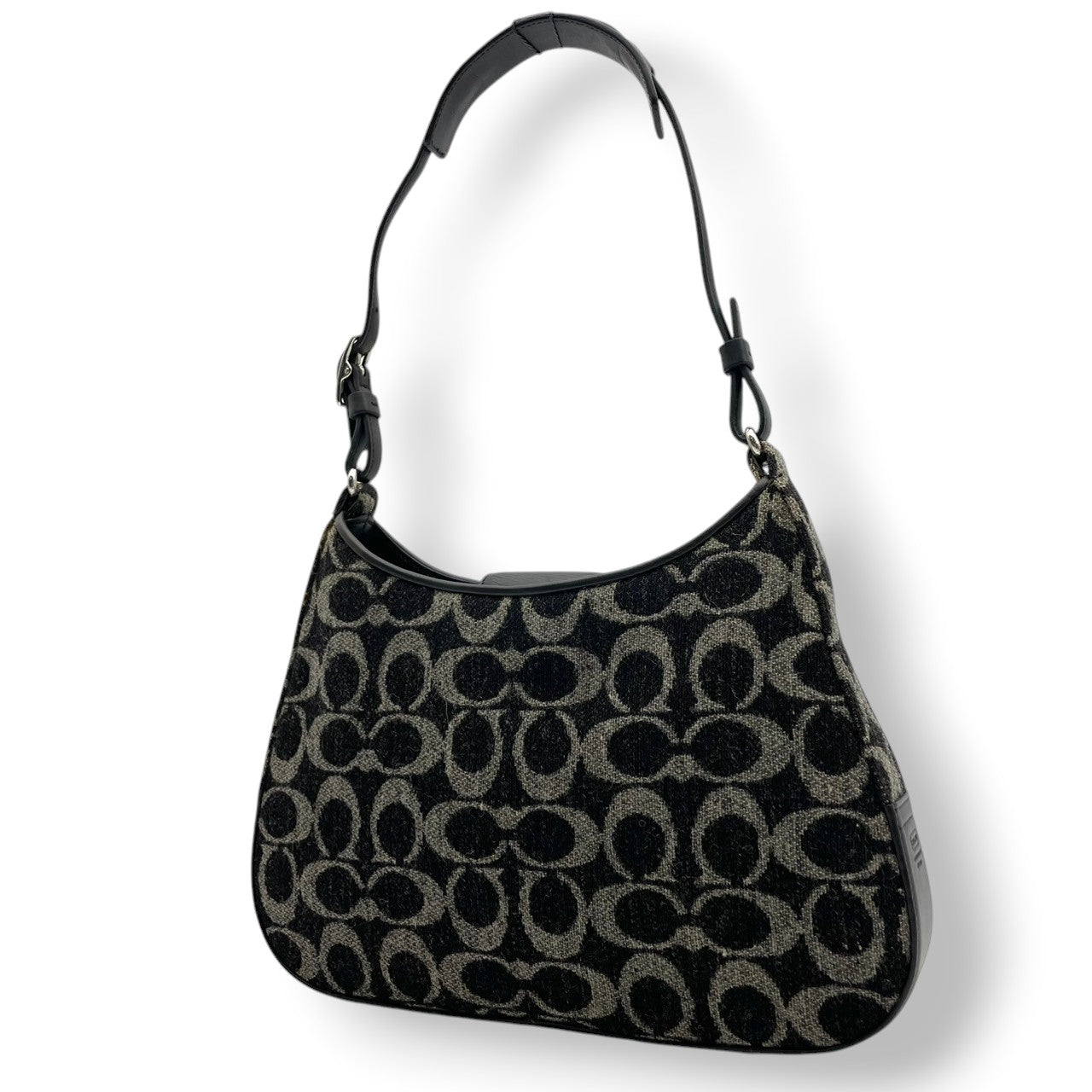 美品 COACH コーチ ショルダーバッグ ハンドバッグ ワンショルダー 肩掛け ウール レザー 本革 ブラック 黒 グレー 灰色 ツイード コンパクト ロゴチャーム ファスナー開閉 エレガント お出かけ サブバッグ カバン 鞄 上品 レディース S65