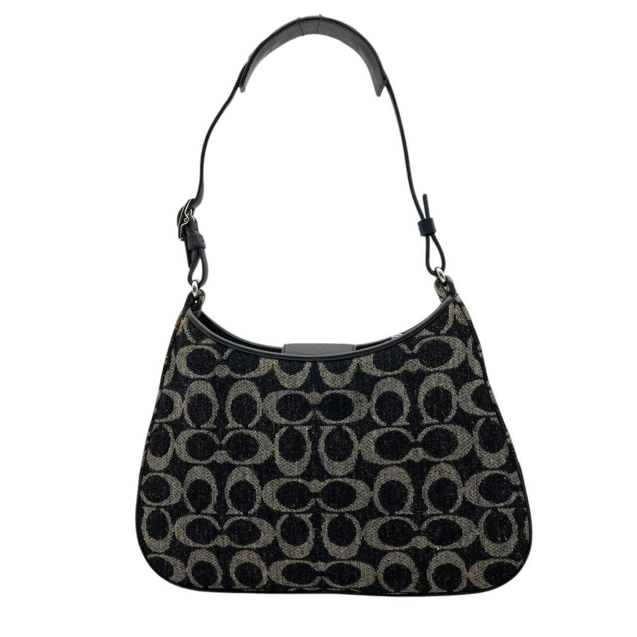 美品 COACH コーチ ショルダーバッグ ハンドバッグ ワンショルダー 肩掛け ウール レザー 本革 ブラック 黒 グレー 灰色 ツイード コンパクト ロゴチャーム ファスナー開閉 エレガント お出かけ サブバッグ カバン 鞄 上品 レディース S65