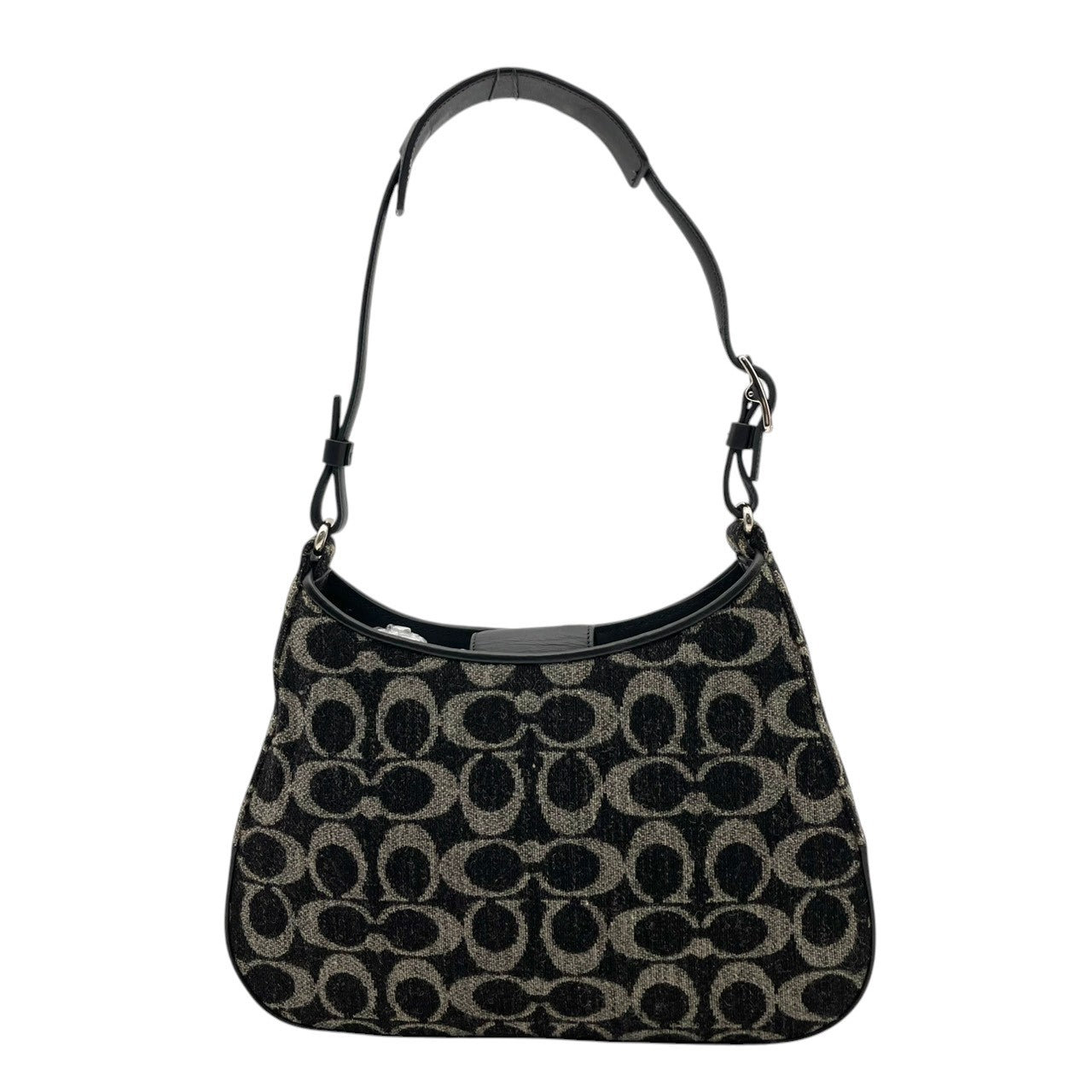 美品 COACH コーチ ショルダーバッグ ハンドバッグ ワンショルダー 肩掛け ウール レザー 本革 ブラック 黒 グレー 灰色 ツイード コンパクト ロゴチャーム ファスナー開閉 エレガント お出かけ サブバッグ カバン 鞄 上品 レディース S65