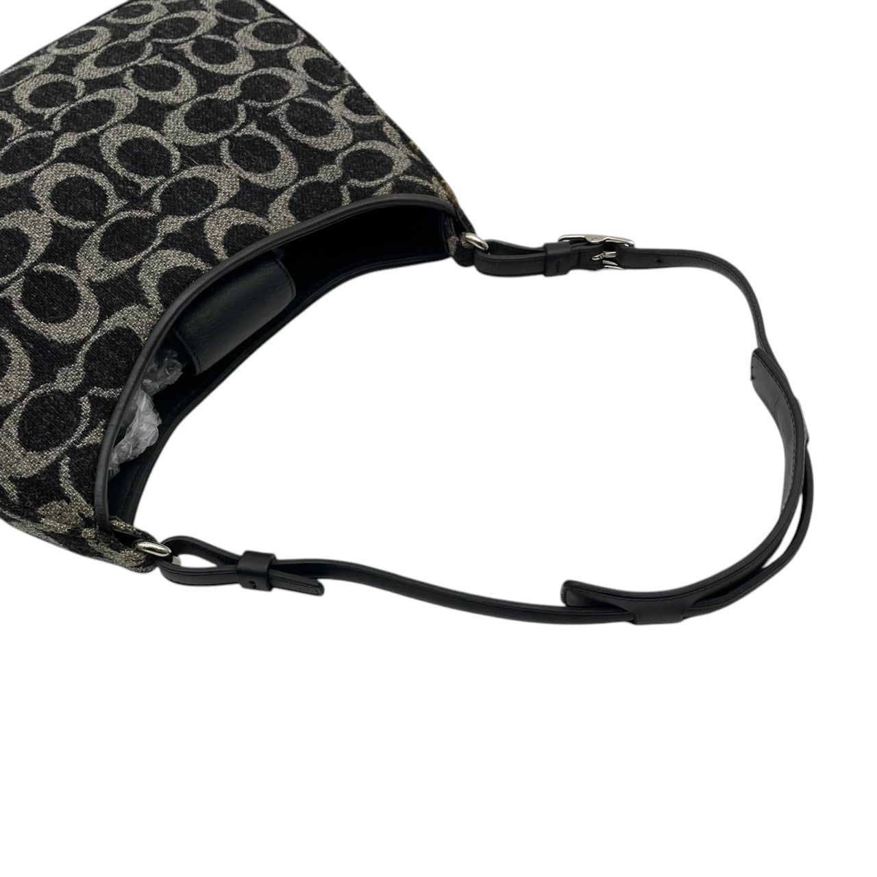 美品 COACH コーチ ショルダーバッグ ハンドバッグ ワンショルダー 肩掛け ウール レザー 本革 ブラック 黒 グレー 灰色 ツイード コンパクト ロゴチャーム ファスナー開閉 エレガント お出かけ サブバッグ カバン 鞄 上品 レディース S65