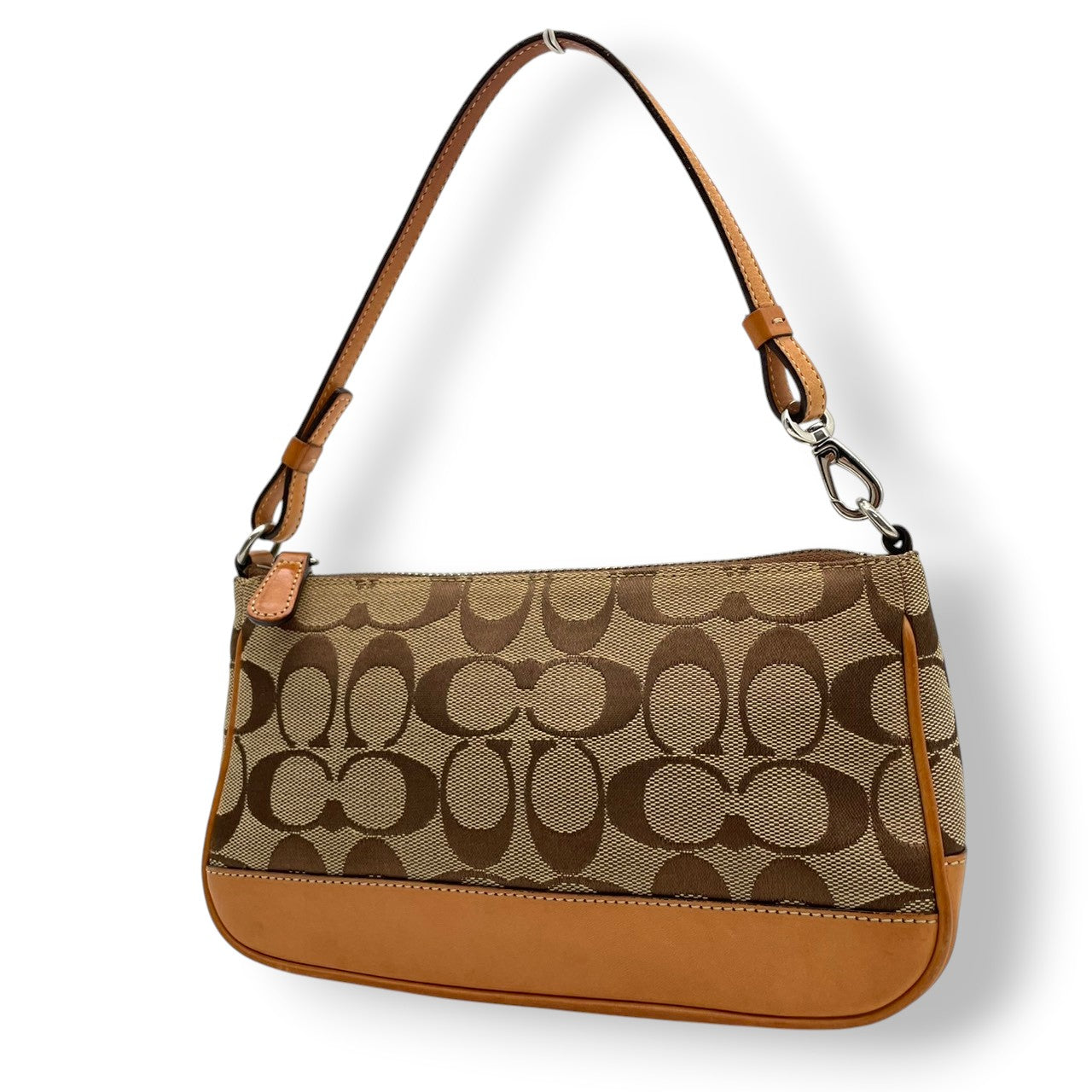 美品 COACH コーチ ハンドバッグ ワンショルダー 肩掛け キャンバス レザー 本革 ブラウン 茶色 シグネチャー 総柄 ミニバッグ コンパクト ポーチ エレガント クラシック カジュアル デイリー お出かけ サブバッグ カバン 鞄 レディース S65