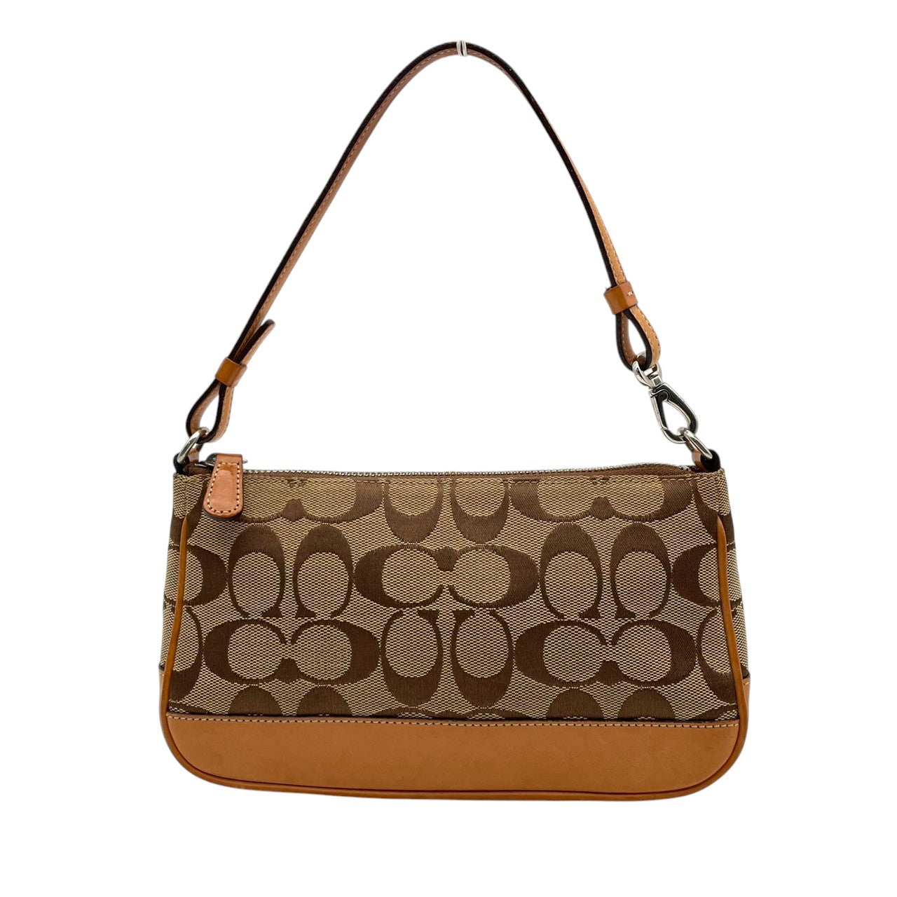 美品 COACH コーチ ハンドバッグ ワンショルダー 肩掛け キャンバス レザー 本革 ブラウン 茶色 シグネチャー 総柄 ミニバッグ コンパクト ポーチ エレガント クラシック カジュアル デイリー お出かけ サブバッグ カバン 鞄 レディース S65