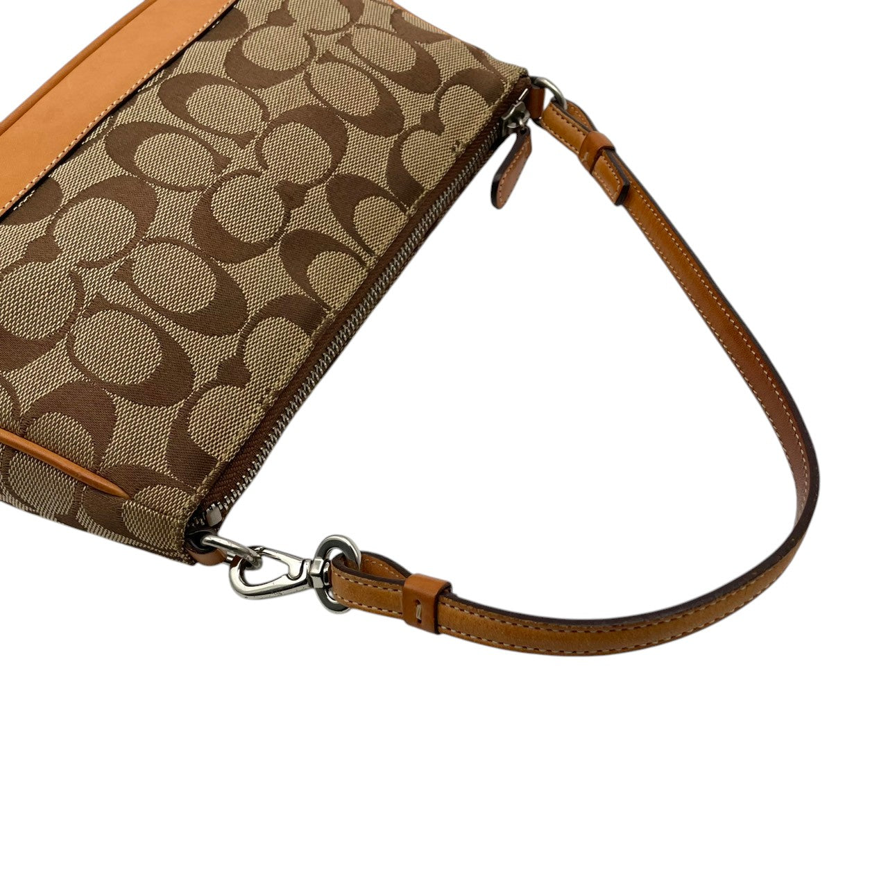 美品 COACH コーチ ハンドバッグ ワンショルダー 肩掛け キャンバス レザー 本革 ブラウン 茶色 シグネチャー 総柄 ミニバッグ コンパクト ポーチ エレガント クラシック カジュアル デイリー お出かけ サブバッグ カバン 鞄 レディース S65