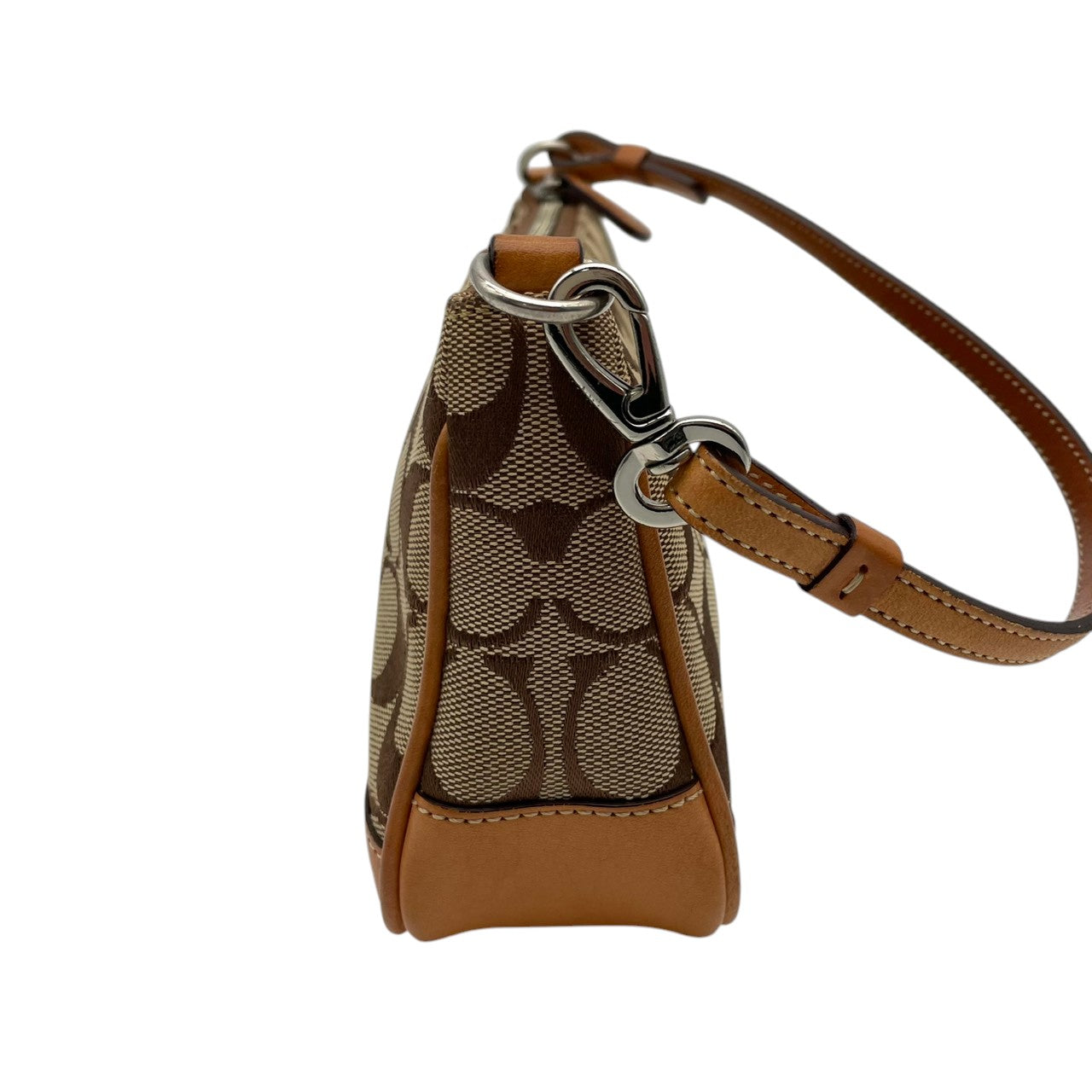 美品 COACH コーチ ハンドバッグ ワンショルダー 肩掛け キャンバス レザー 本革 ブラウン 茶色 シグネチャー 総柄 ミニバッグ コンパクト ポーチ エレガント クラシック カジュアル デイリー お出かけ サブバッグ カバン 鞄 レディース S65