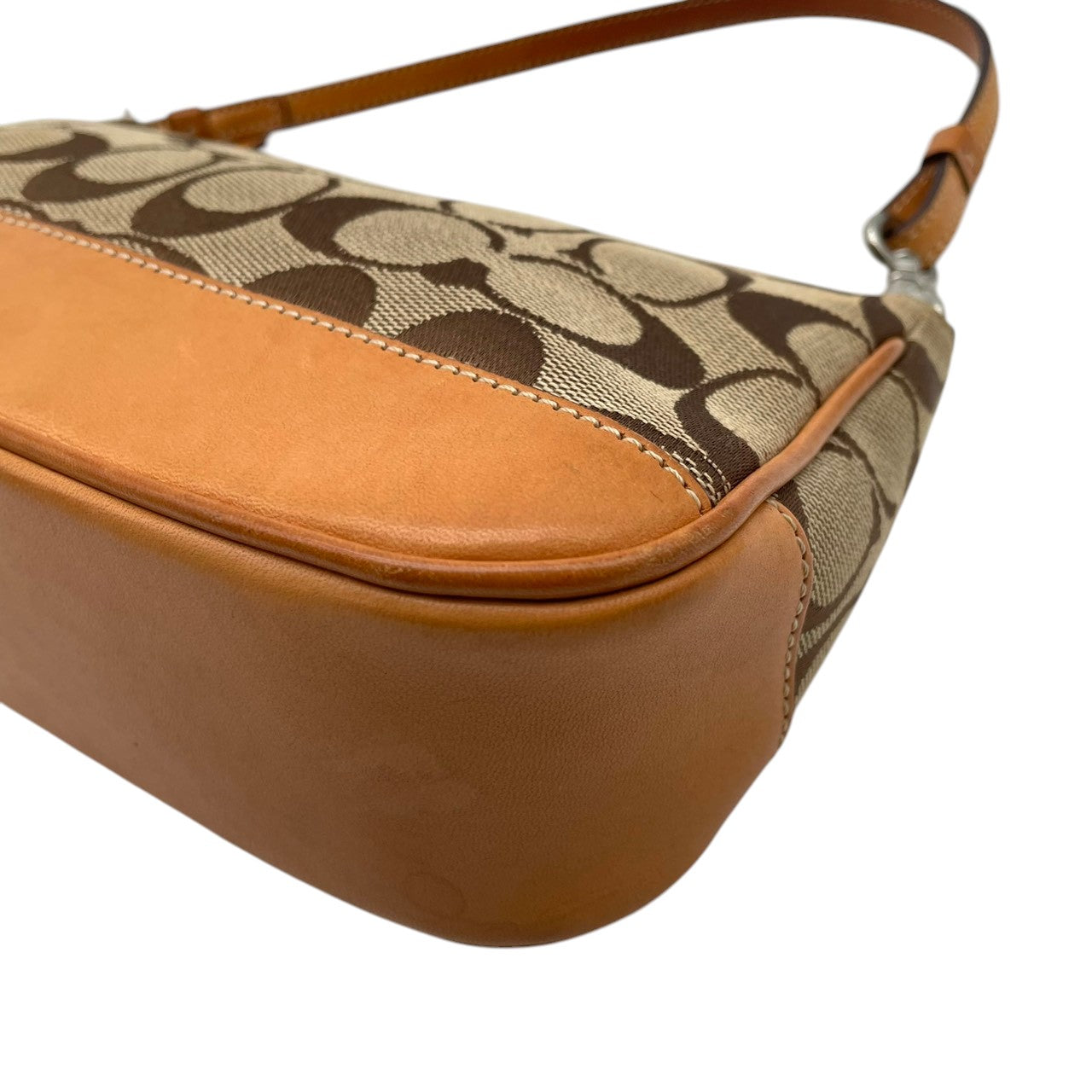 美品 COACH コーチ ハンドバッグ ワンショルダー 肩掛け キャンバス レザー 本革 ブラウン 茶色 シグネチャー 総柄 ミニバッグ コンパクト ポーチ エレガント クラシック カジュアル デイリー お出かけ サブバッグ カバン 鞄 レディース S65
