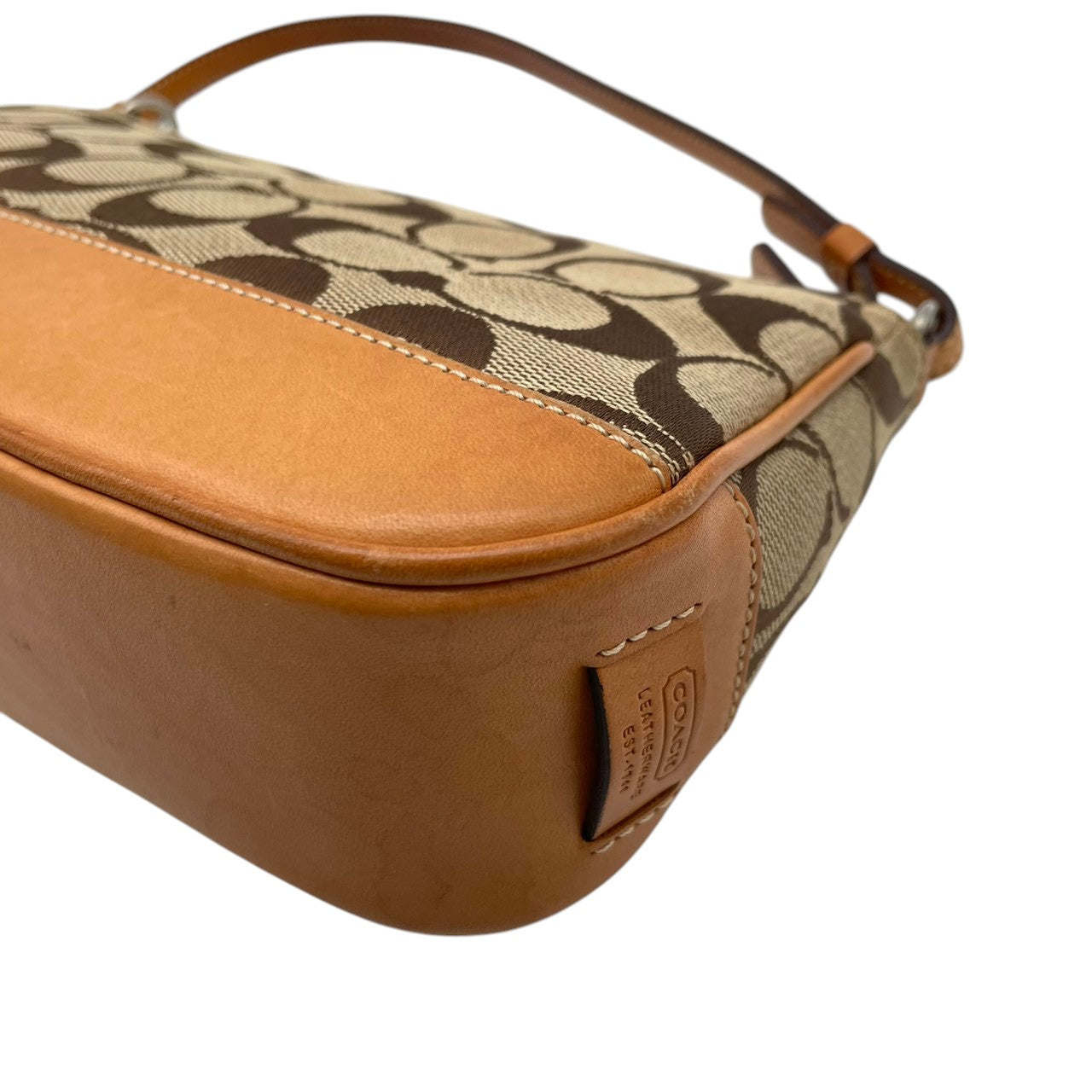 美品 COACH コーチ ハンドバッグ ワンショルダー 肩掛け キャンバス レザー 本革 ブラウン 茶色 シグネチャー 総柄 ミニバッグ コンパクト ポーチ エレガント クラシック カジュアル デイリー お出かけ サブバッグ カバン 鞄 レディース S65