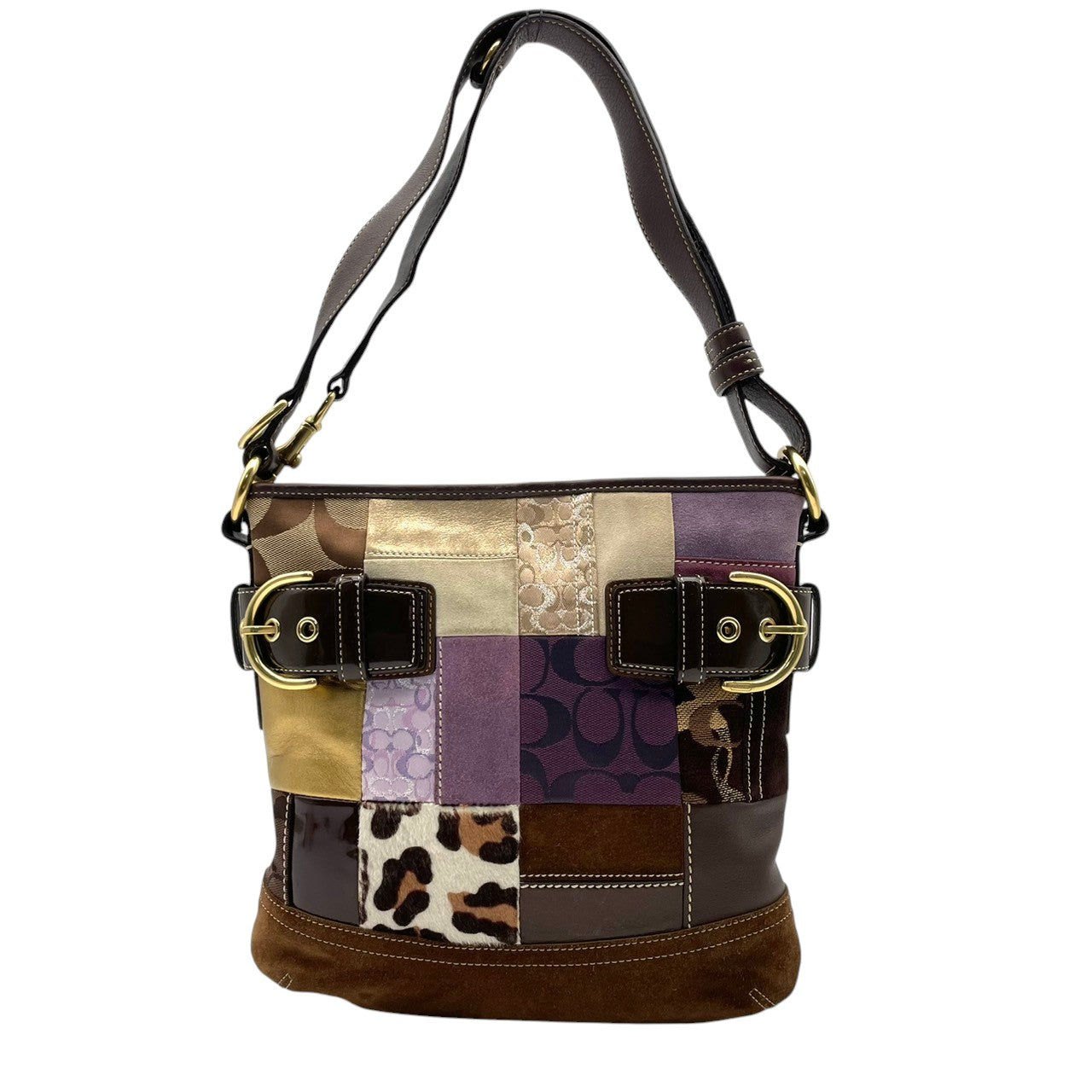 美品 COACH コーチ ショルダーバッグ クロスボディ 斜め掛け パッチワーク シグネチャー キャンバス レザー スエード ハラコ 異素材 マルチカラー シルバー金具 レディース お出かけ デイリーユース ポシェット 鞄 カバン S84