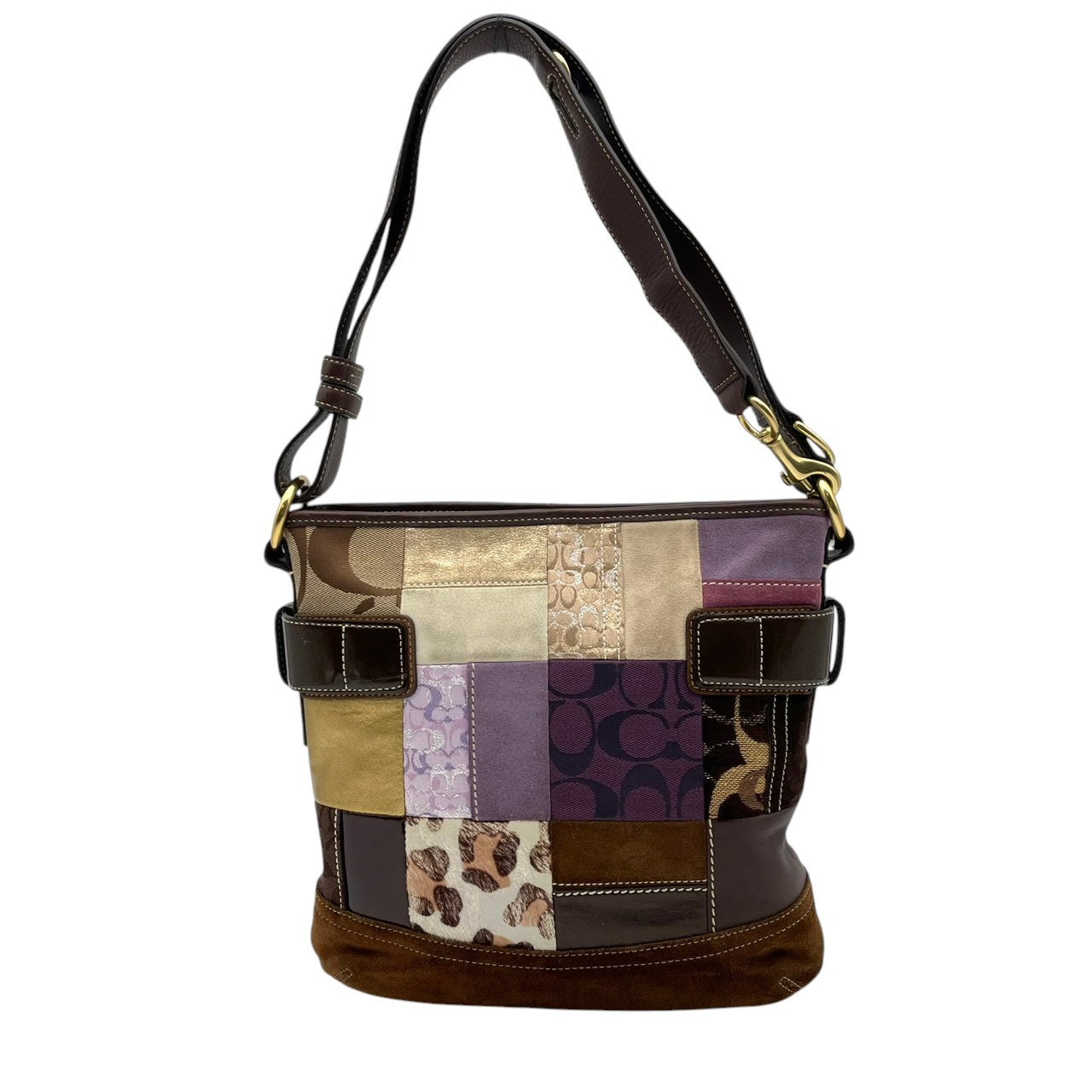 美品 COACH コーチ ショルダーバッグ クロスボディ 斜め掛け パッチワーク シグネチャー キャンバス レザー スエード ハラコ 異素材 マルチカラー シルバー金具 レディース お出かけ デイリーユース ポシェット 鞄 カバン S84