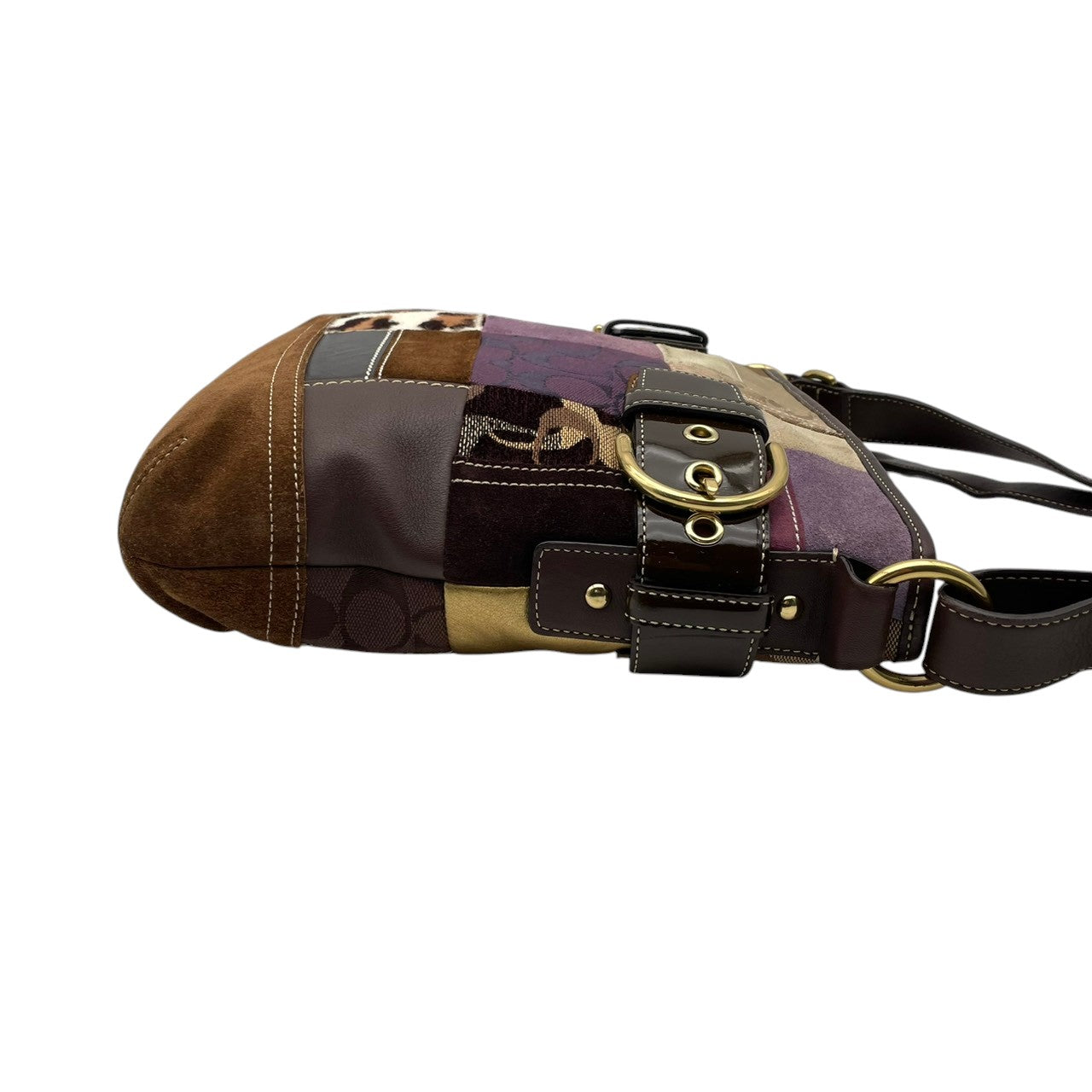 美品 COACH コーチ ショルダーバッグ クロスボディ 斜め掛け パッチワーク シグネチャー キャンバス レザー スエード ハラコ 異素材 マルチカラー シルバー金具 レディース お出かけ デイリーユース ポシェット 鞄 カバン S84