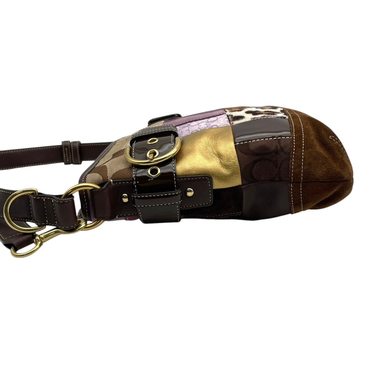 美品 COACH コーチ ショルダーバッグ クロスボディ 斜め掛け パッチワーク シグネチャー キャンバス レザー スエード ハラコ 異素材 マルチカラー シルバー金具 レディース お出かけ デイリーユース ポシェット 鞄 カバン S84