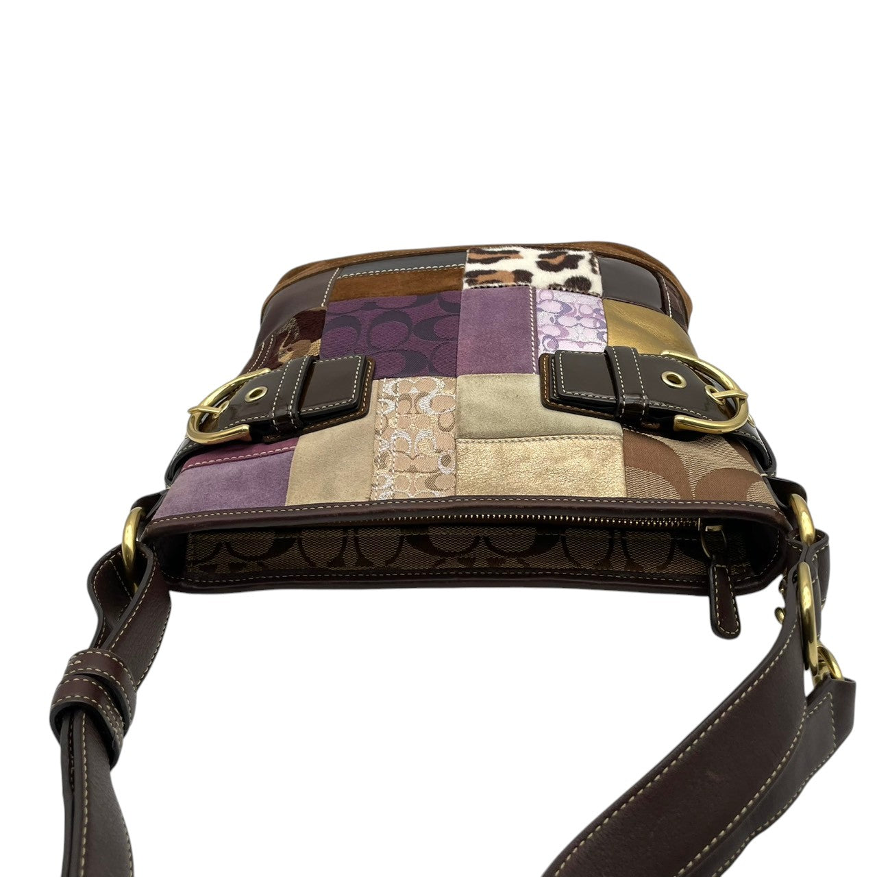 美品 COACH コーチ ショルダーバッグ クロスボディ 斜め掛け パッチワーク シグネチャー キャンバス レザー スエード ハラコ 異素材 マルチカラー シルバー金具 レディース お出かけ デイリーユース ポシェット 鞄 カバン S84