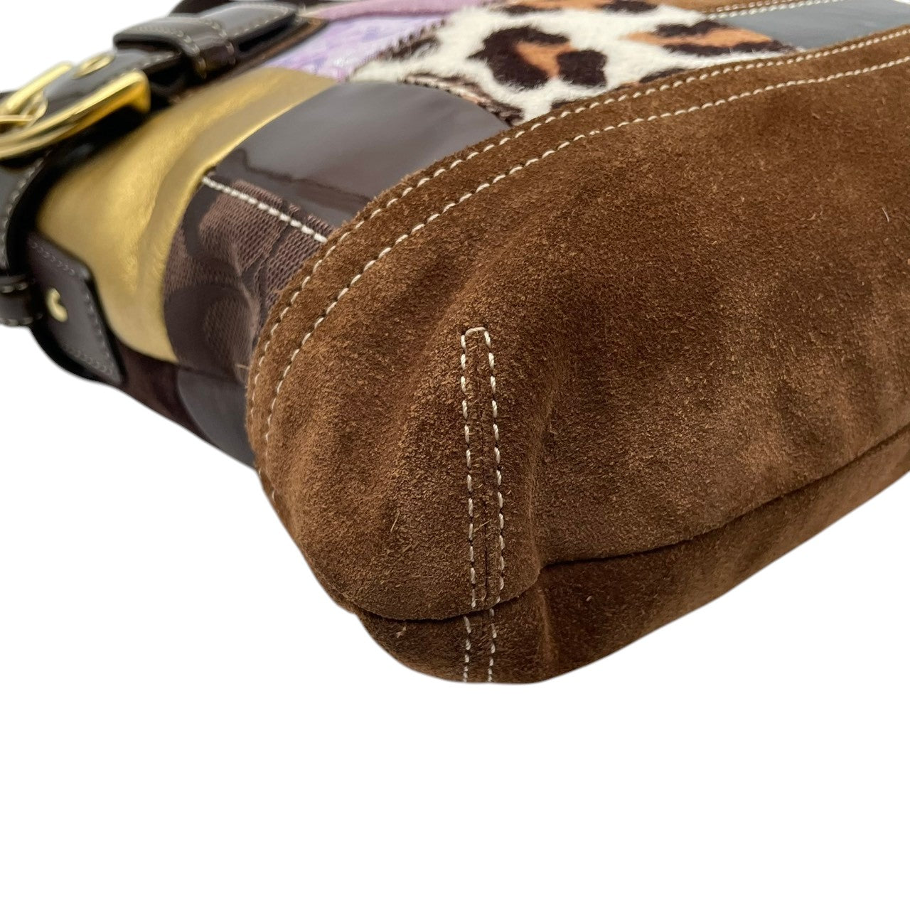 美品 COACH コーチ ショルダーバッグ クロスボディ 斜め掛け パッチワーク シグネチャー キャンバス レザー スエード ハラコ 異素材 マルチカラー シルバー金具 レディース お出かけ デイリーユース ポシェット 鞄 カバン S84