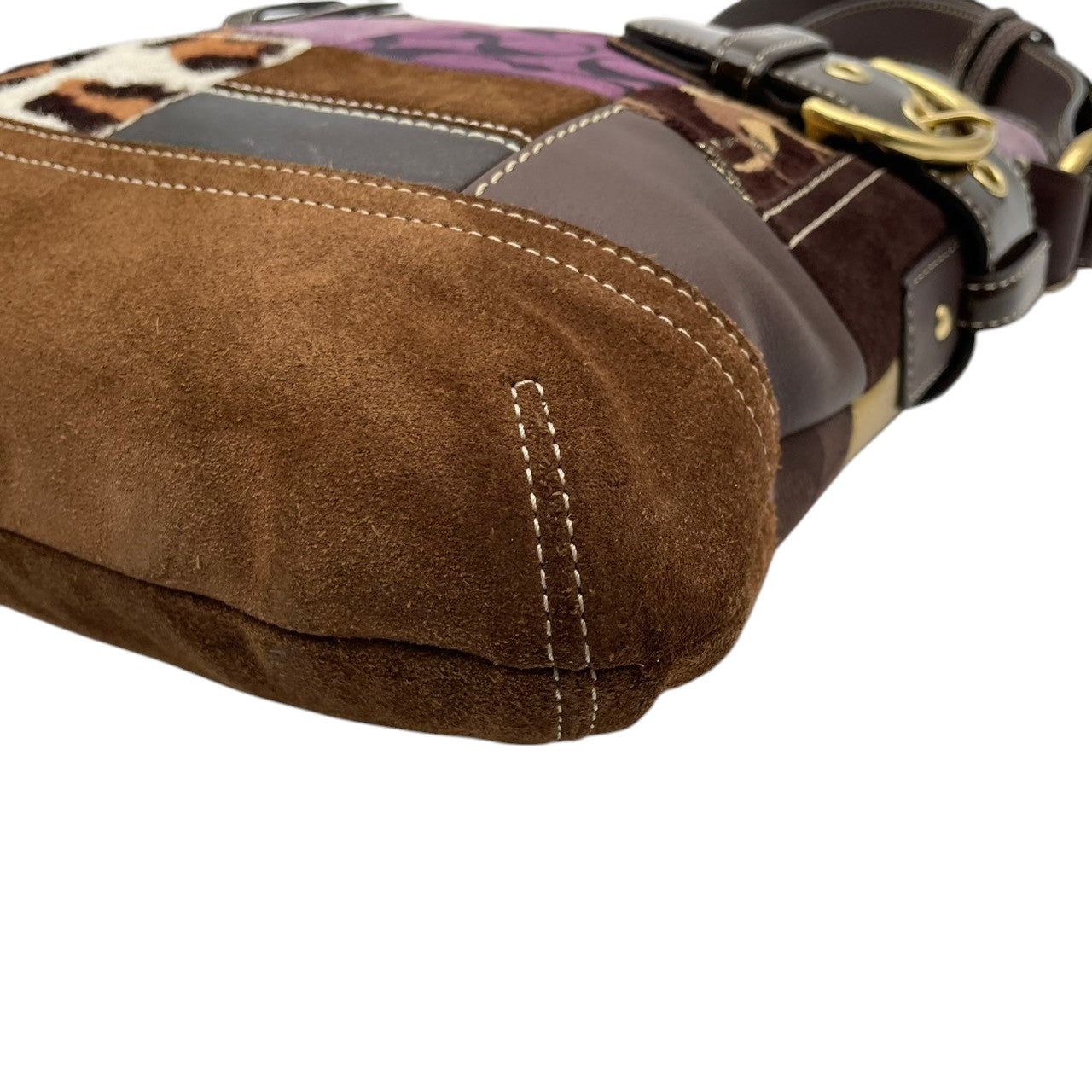 美品 COACH コーチ ショルダーバッグ クロスボディ 斜め掛け パッチワーク シグネチャー キャンバス レザー スエード ハラコ 異素材 マルチカラー シルバー金具 レディース お出かけ デイリーユース ポシェット 鞄 カバン S84