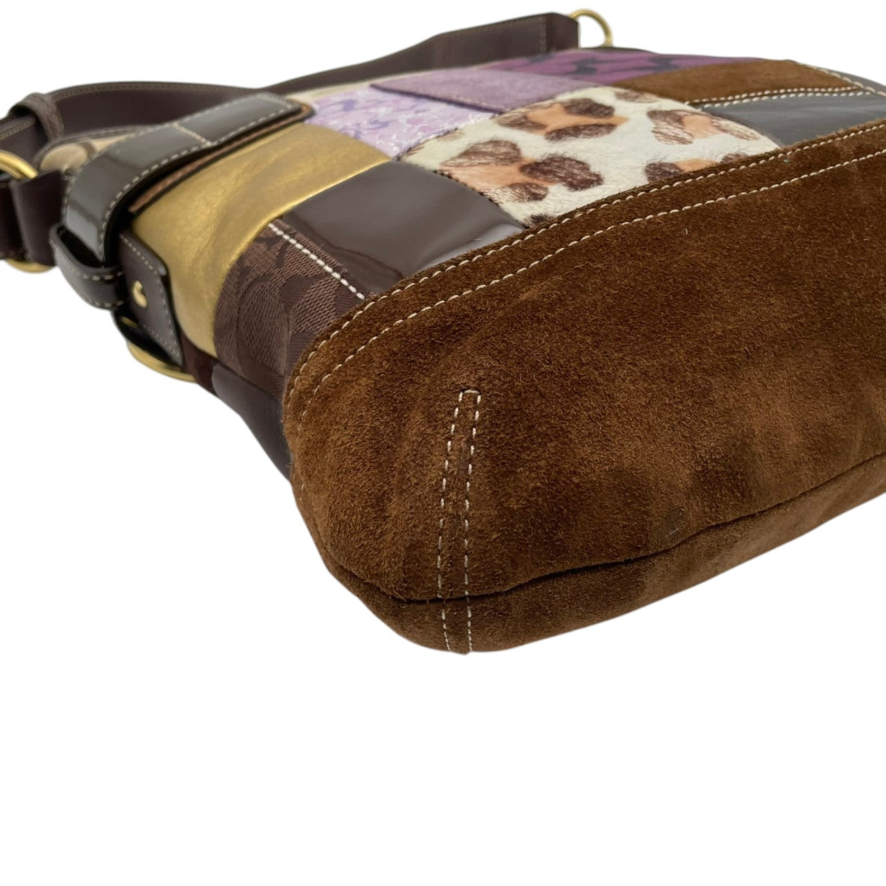 美品 COACH コーチ ショルダーバッグ クロスボディ 斜め掛け パッチワーク シグネチャー キャンバス レザー スエード ハラコ 異素材 マルチカラー シルバー金具 レディース お出かけ デイリーユース ポシェット 鞄 カバン S84