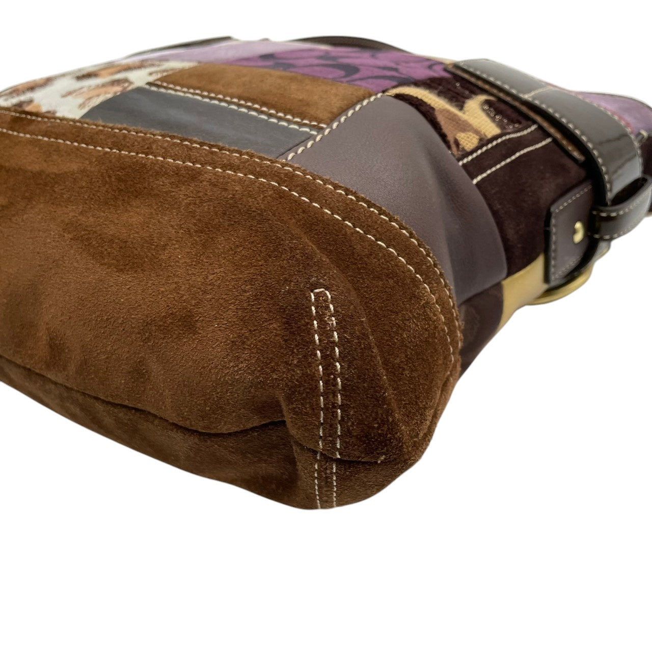 美品 COACH コーチ ショルダーバッグ クロスボディ 斜め掛け パッチワーク シグネチャー キャンバス レザー スエード ハラコ 異素材 マルチカラー シルバー金具 レディース お出かけ デイリーユース ポシェット 鞄 カバン S84