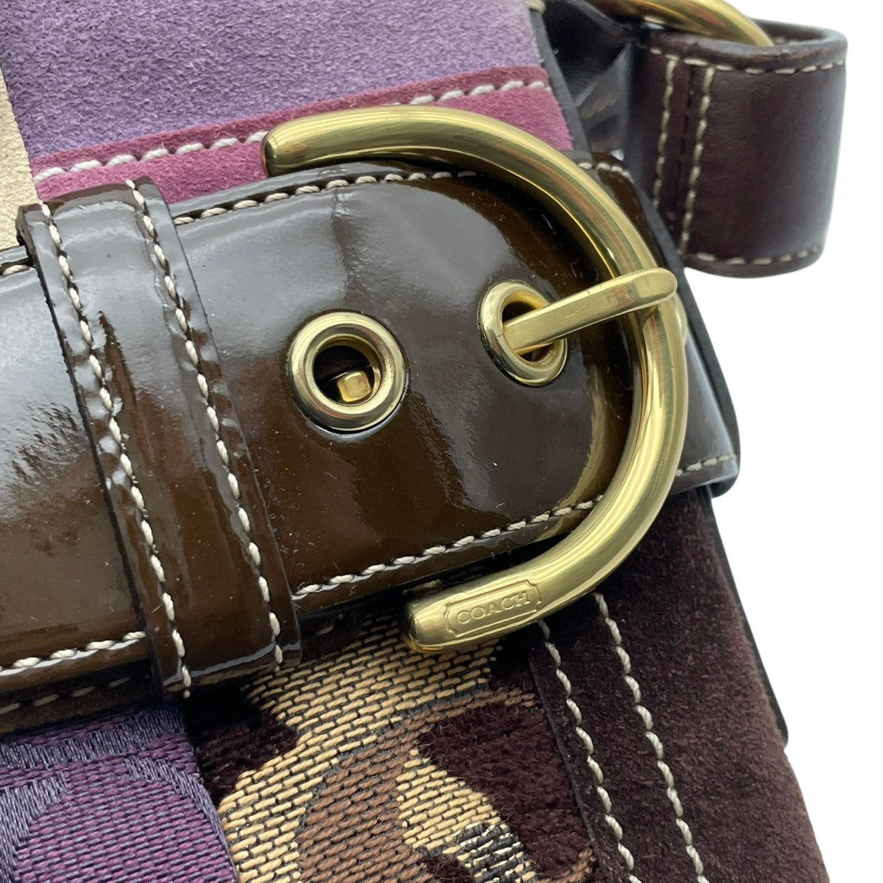 美品 COACH コーチ ショルダーバッグ クロスボディ 斜め掛け パッチワーク シグネチャー キャンバス レザー スエード ハラコ 異素材 マルチカラー シルバー金具 レディース お出かけ デイリーユース ポシェット 鞄 カバン S84