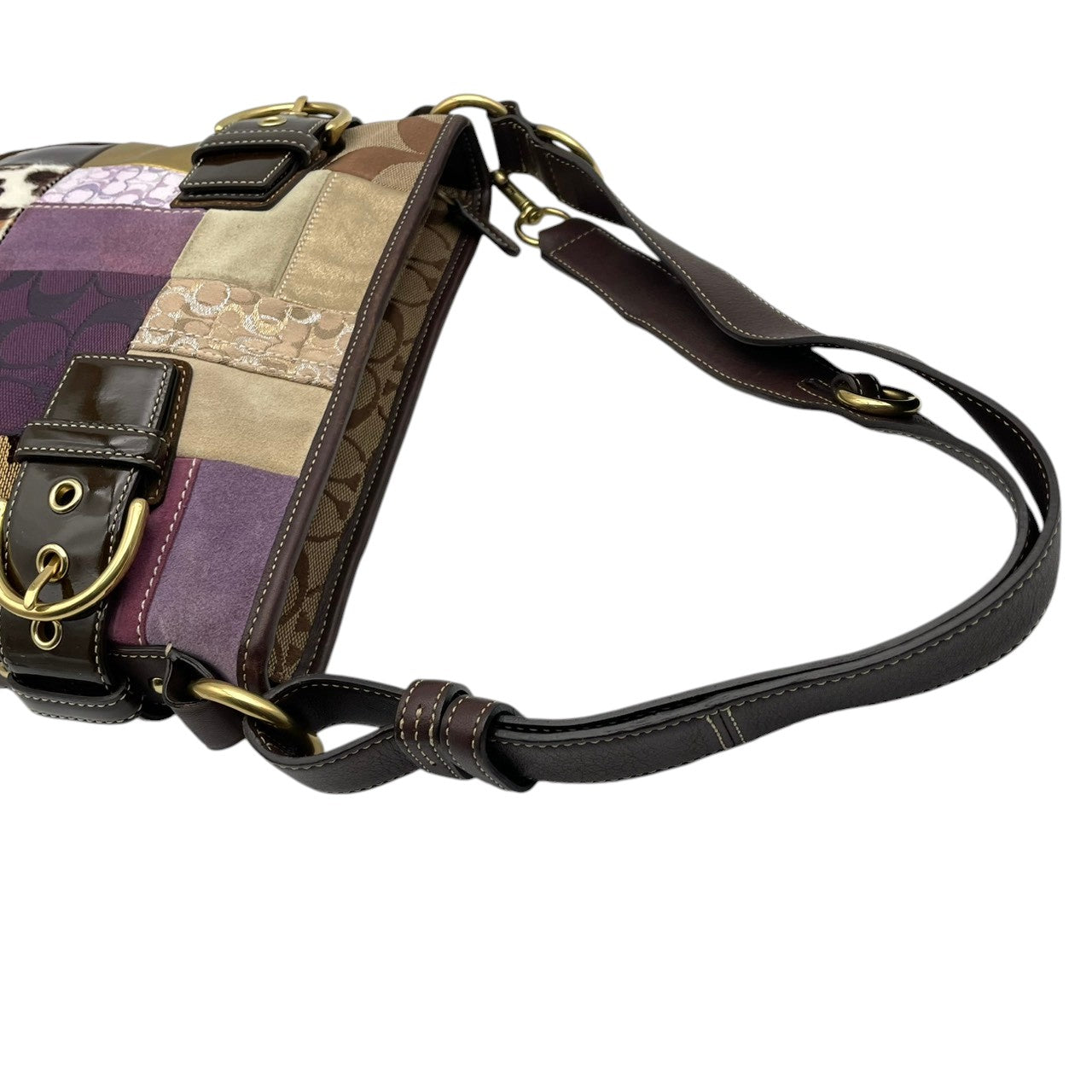 美品 COACH コーチ ショルダーバッグ クロスボディ 斜め掛け パッチワーク シグネチャー キャンバス レザー スエード ハラコ 異素材 マルチカラー シルバー金具 レディース お出かけ デイリーユース ポシェット 鞄 カバン S84