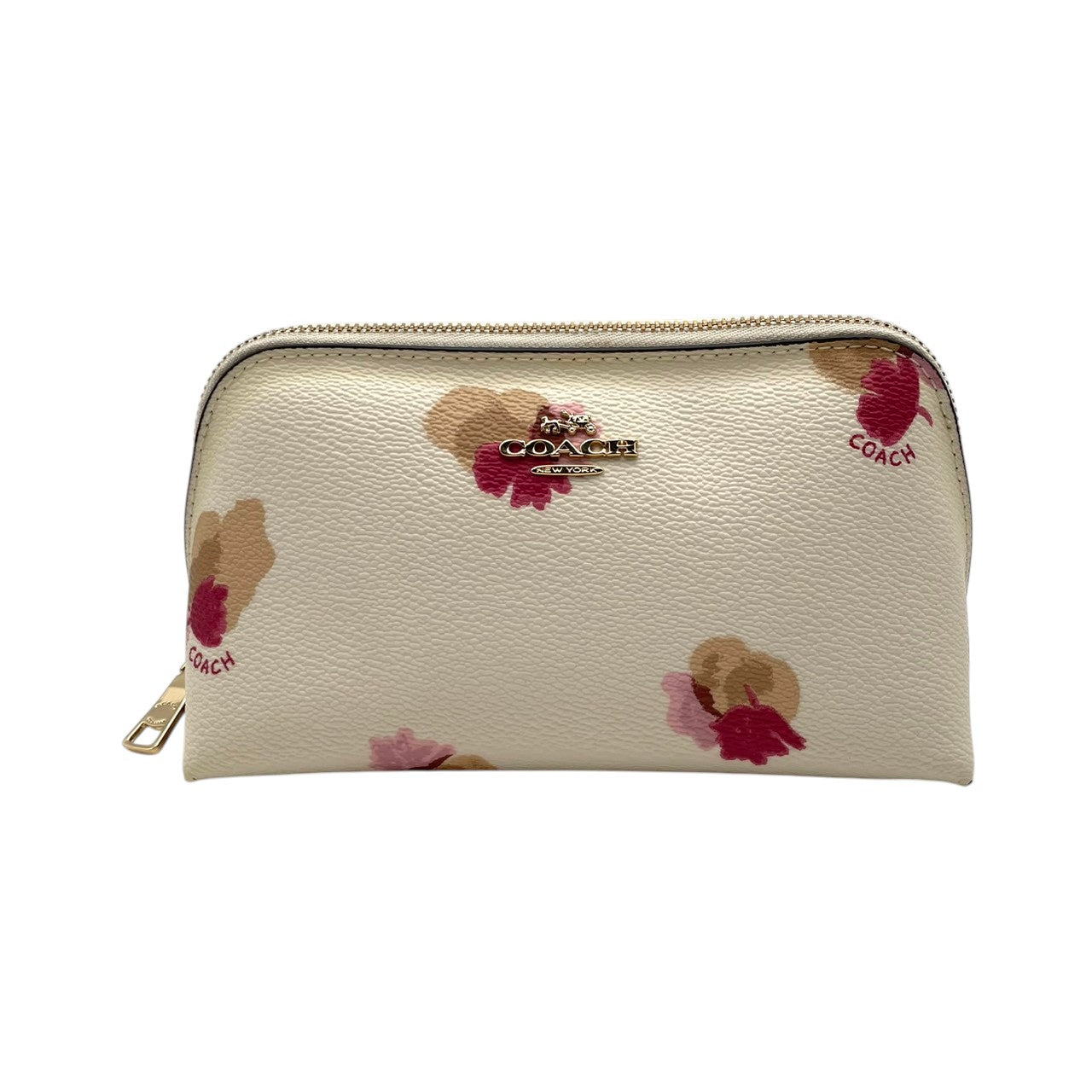 極美品 COACH コーチ ポーチ コスメポーチ 化粧ポーチ 小物入れ シグネチャー PVC レザー アイボリー ピンク ベージュ ゴールド金具 レディース 上品 エレガント コンパクト デイリー トラベル 旅行 整理 収納 S84