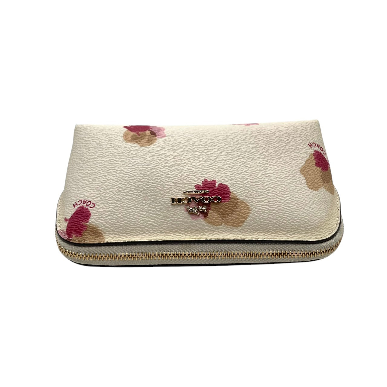 極美品 COACH コーチ ポーチ コスメポーチ 化粧ポーチ 小物入れ シグネチャー PVC レザー アイボリー ピンク ベージュ ゴールド金具 レディース 上品 エレガント コンパクト デイリー トラベル 旅行 整理 収納 S84