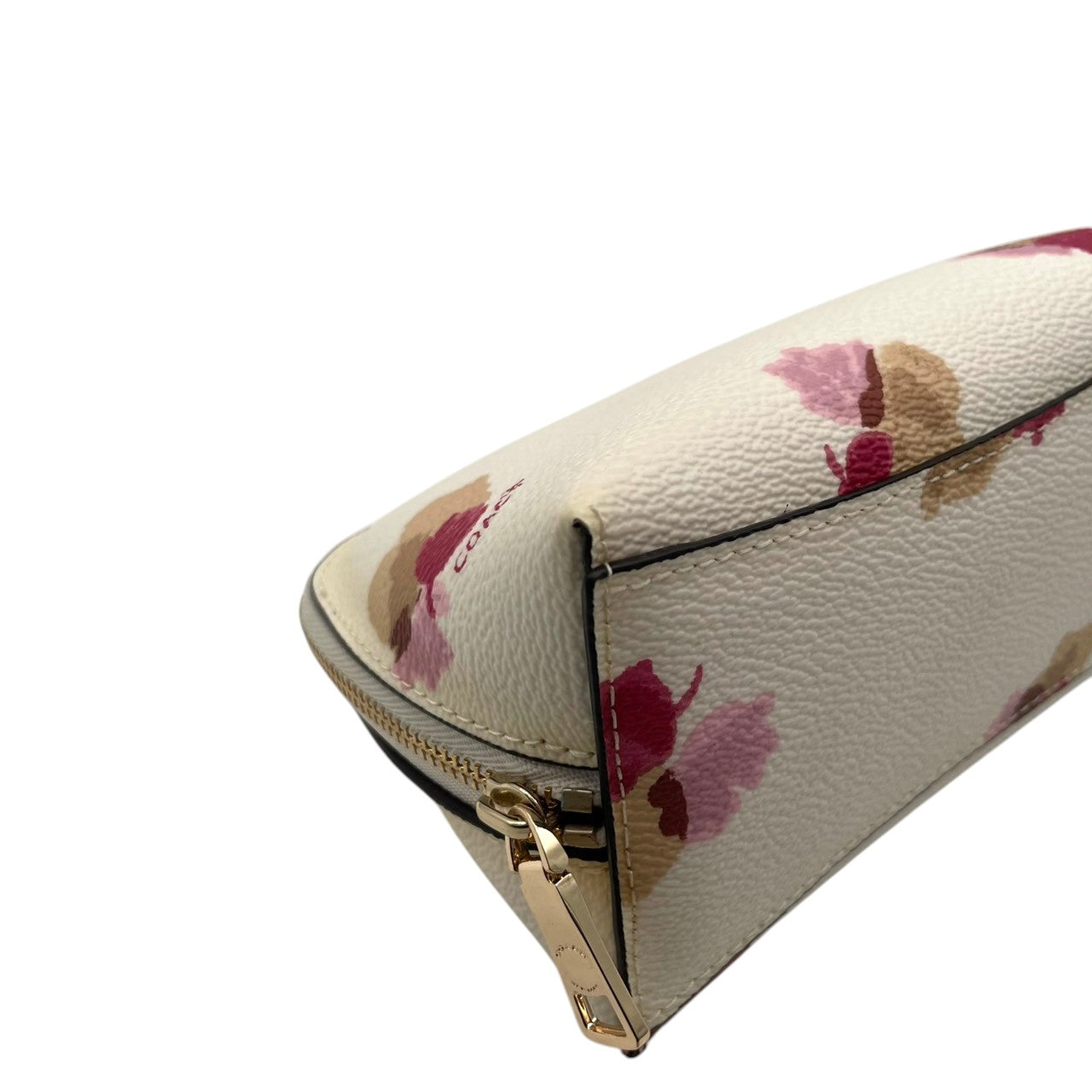 極美品 COACH コーチ ポーチ コスメポーチ 化粧ポーチ 小物入れ シグネチャー PVC レザー アイボリー ピンク ベージュ ゴールド金具 レディース 上品 エレガント コンパクト デイリー トラベル 旅行 整理 収納 S84
