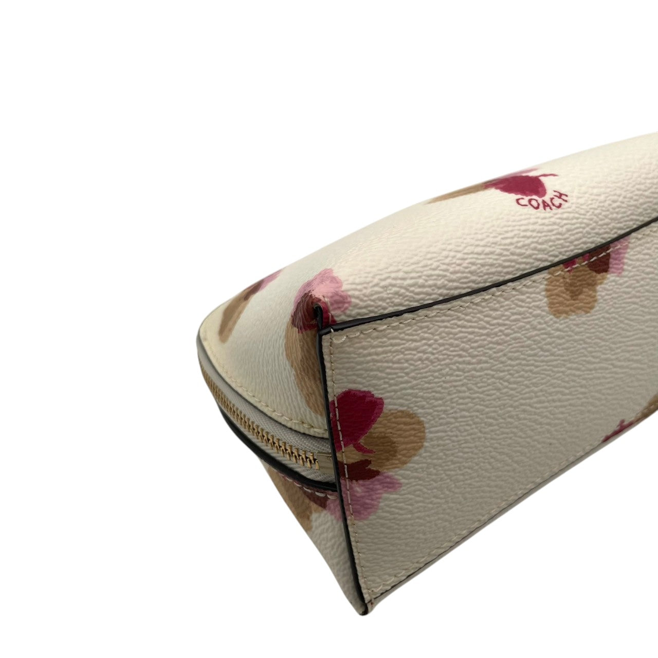 極美品 COACH コーチ ポーチ コスメポーチ 化粧ポーチ 小物入れ シグネチャー PVC レザー アイボリー ピンク ベージュ ゴールド金具 レディース 上品 エレガント コンパクト デイリー トラベル 旅行 整理 収納 S84