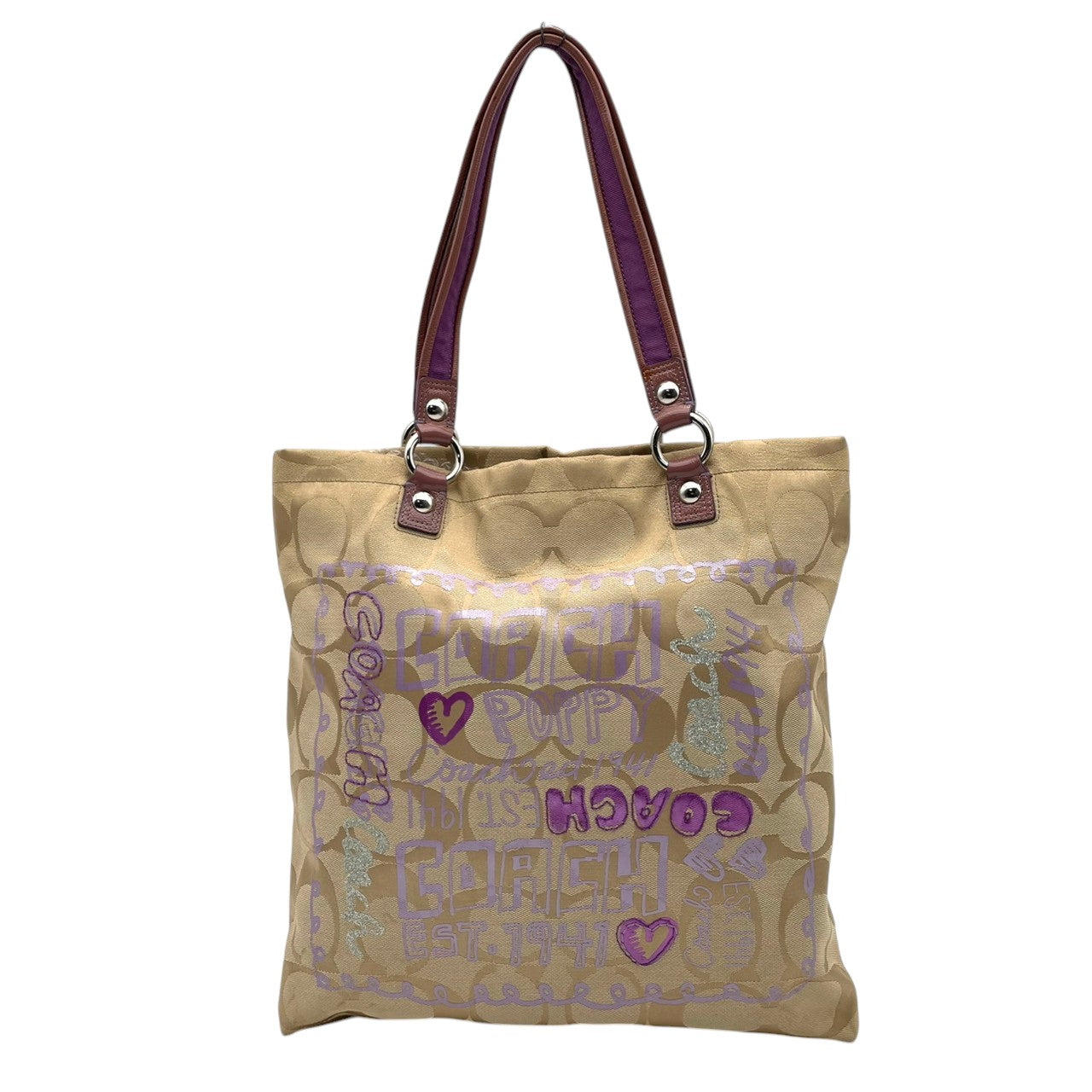 美品 COACH コーチ ポピー シグネチャー トートバッグ ショルダーバッグ キャンバス パテントレザー スパンコール ベージュ 肩掛け A4収納 大容量 華やか エレガント カジュアル 通勤 通学 お出かけ デイリー トラベル レディース 鞄 S84