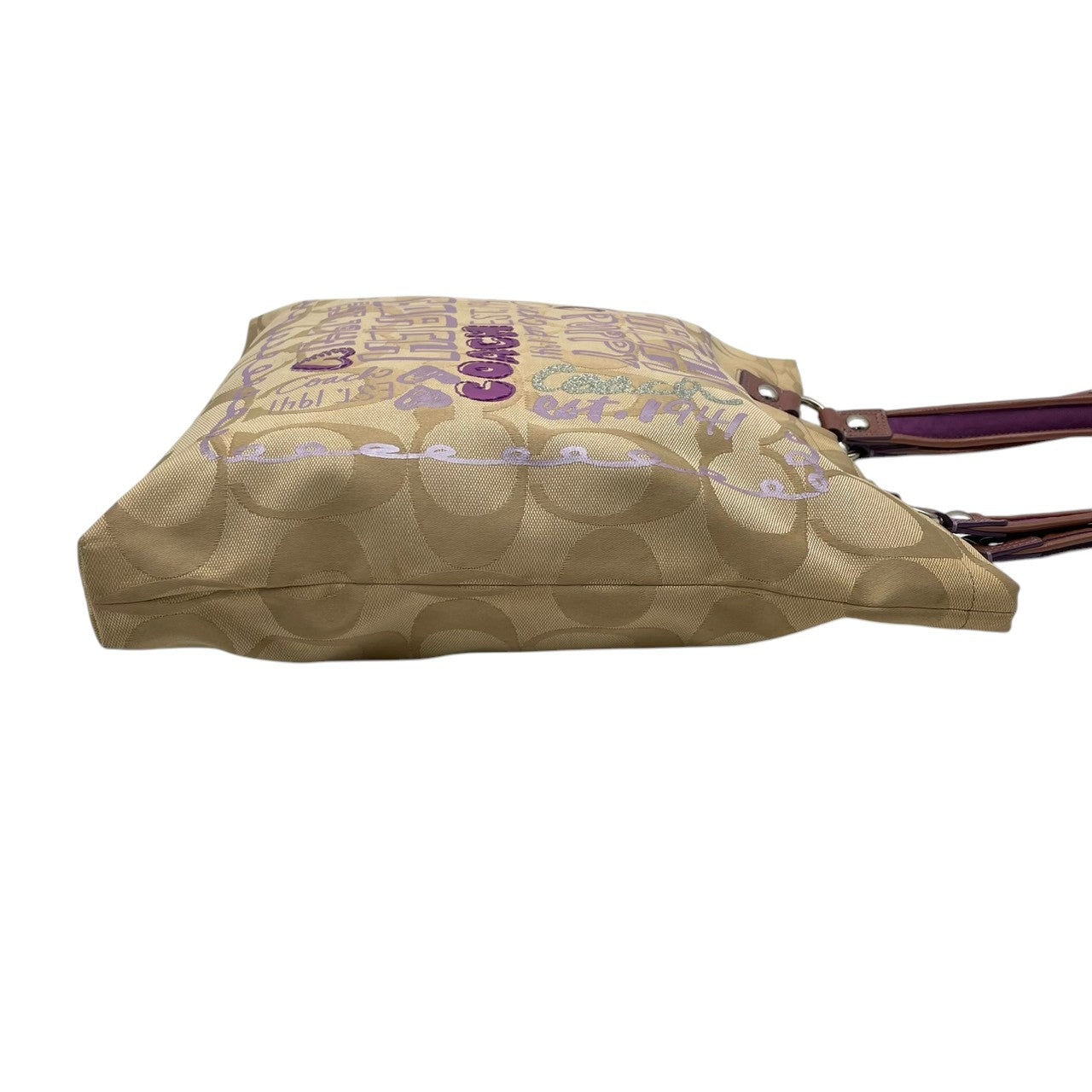 美品 COACH コーチ ポピー シグネチャー トートバッグ ショルダーバッグ キャンバス パテントレザー スパンコール ベージュ 肩掛け A4収納 大容量 華やか エレガント カジュアル 通勤 通学 お出かけ デイリー トラベル レディース 鞄 S84