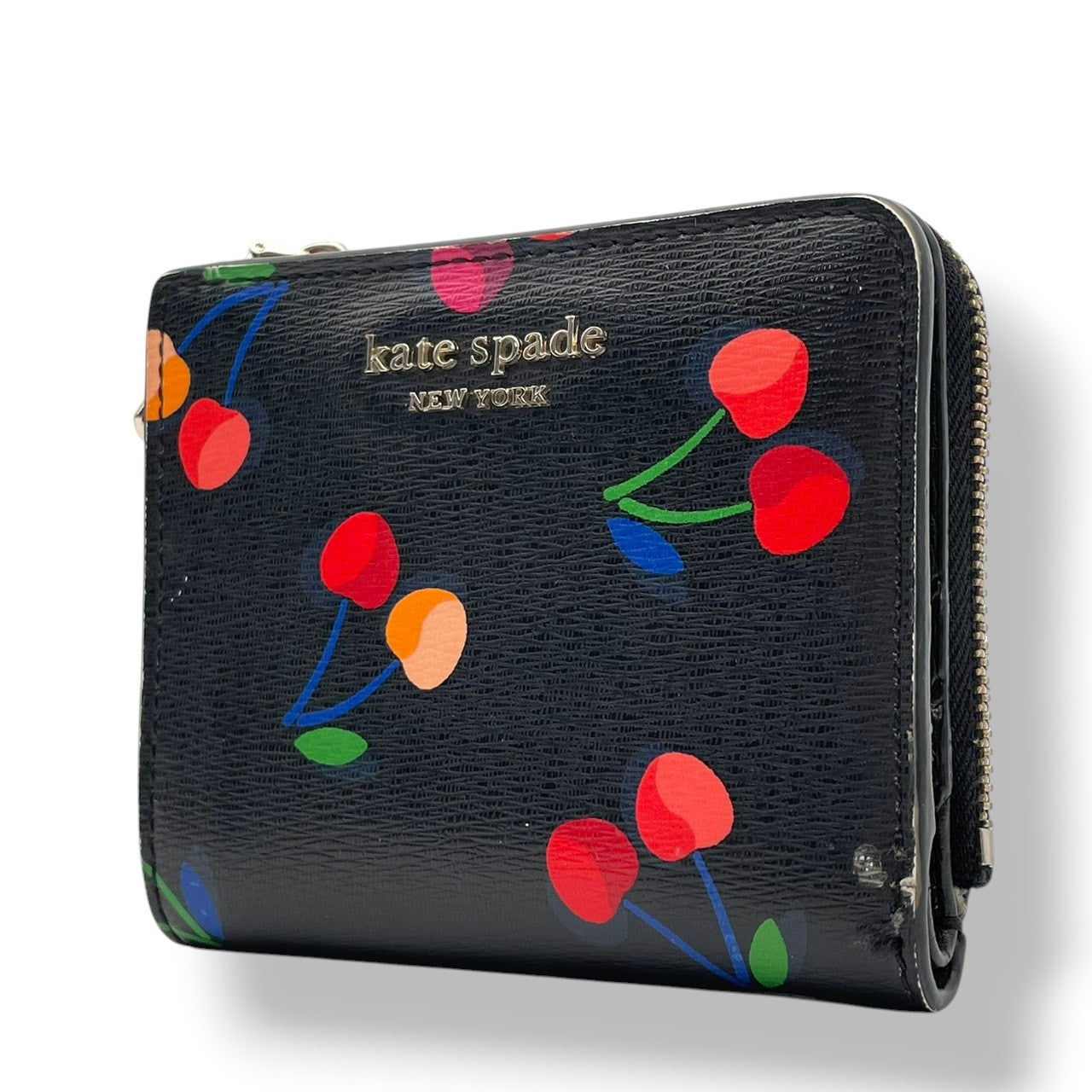 kate spade ケイトスペード 二つ折り財布 コンパクトウォレット ミニ財布 花柄 フローラル ボタニカル PVC ブラック 黒 マルチカラー ゴールド金具 レディース エレガント 上品 カジュアル お出かけ デイリー 普段使い 良品 M4