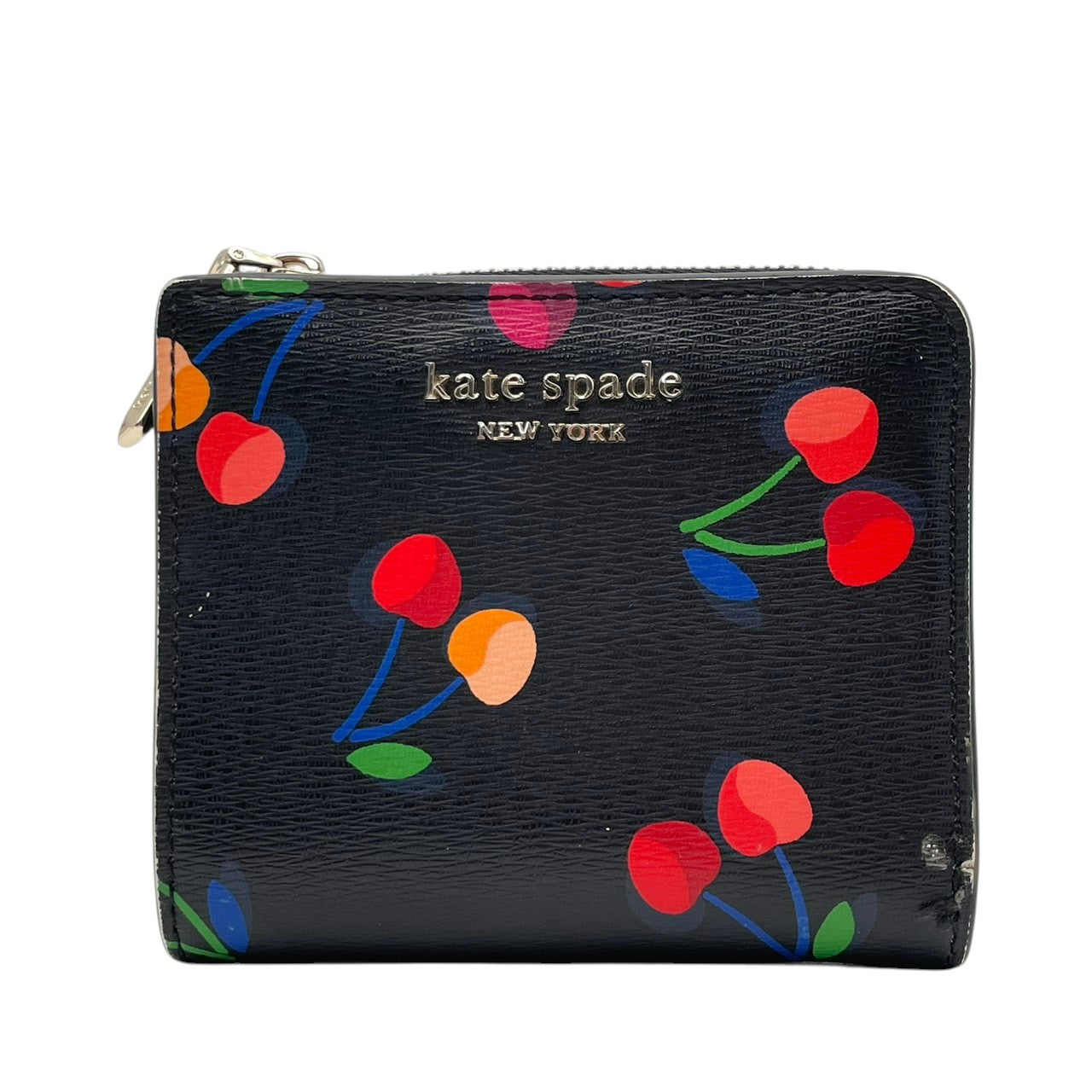 kate spade ケイトスペード 二つ折り財布 コンパクトウォレット ミニ財布 花柄 フローラル ボタニカル PVC ブラック 黒 マルチカラー ゴールド金具 レディース エレガント 上品 カジュアル お出かけ デイリー 普段使い 良品 M4