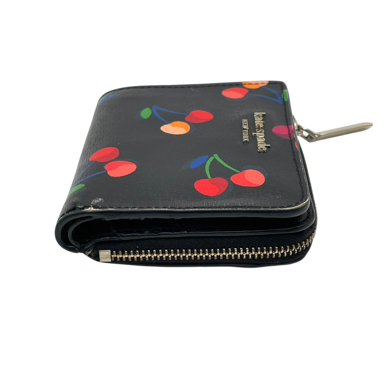 kate spade ケイトスペード 二つ折り財布 コンパクトウォレット ミニ財布 花柄 フローラル ボタニカル PVC ブラック 黒 マルチカラー ゴールド金具 レディース エレガント 上品 カジュアル お出かけ デイリー 普段使い 良品 M4