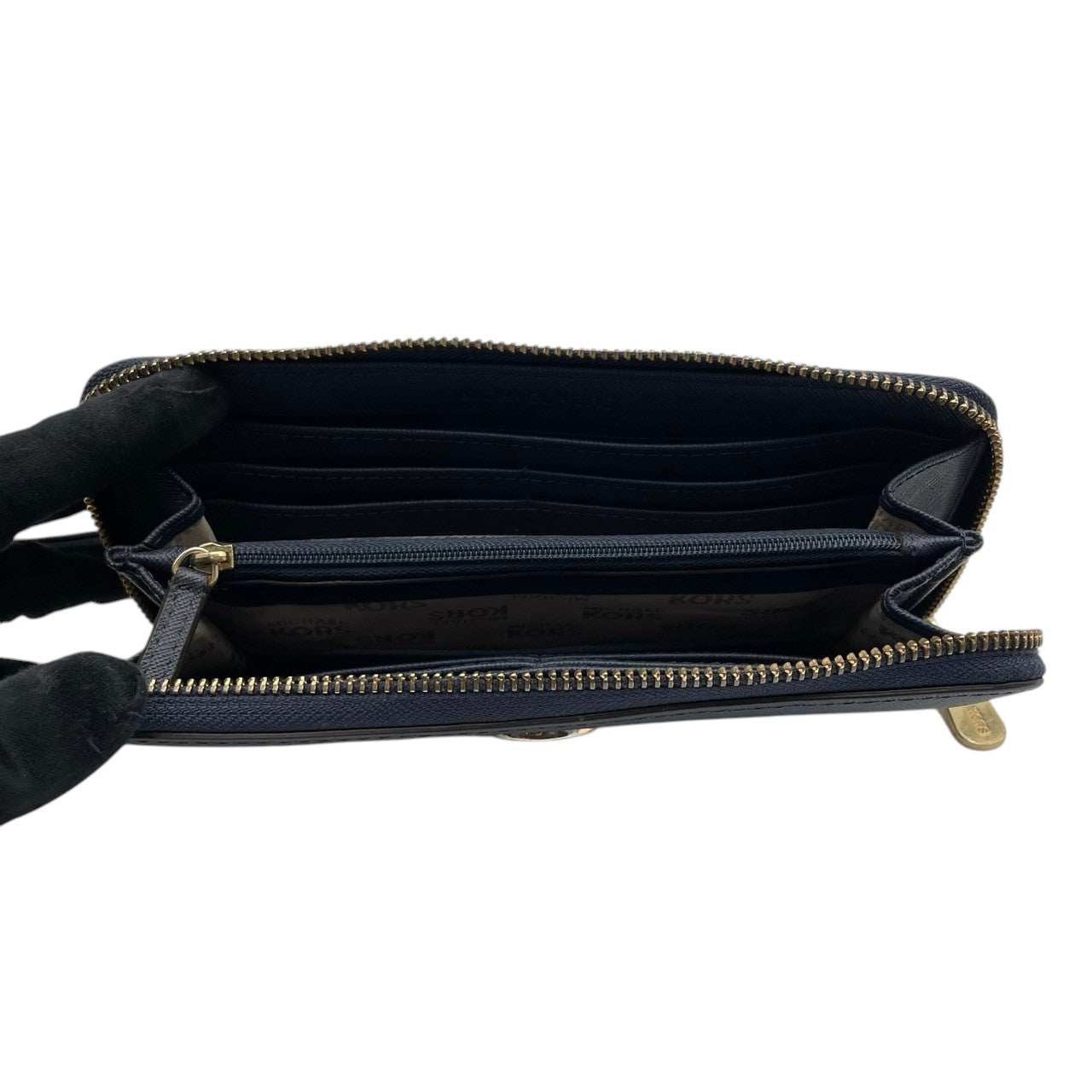 良品 MICHAEL KORS マイケルコース ラウンドファスナー 長財布 ロングウォレット レザー 本革 ネイビー 紺 ゴールド金具 レディース エレガント 上品 カジュアル ビジネス 大容量 収納 普段使い お出かけ 人気 M4