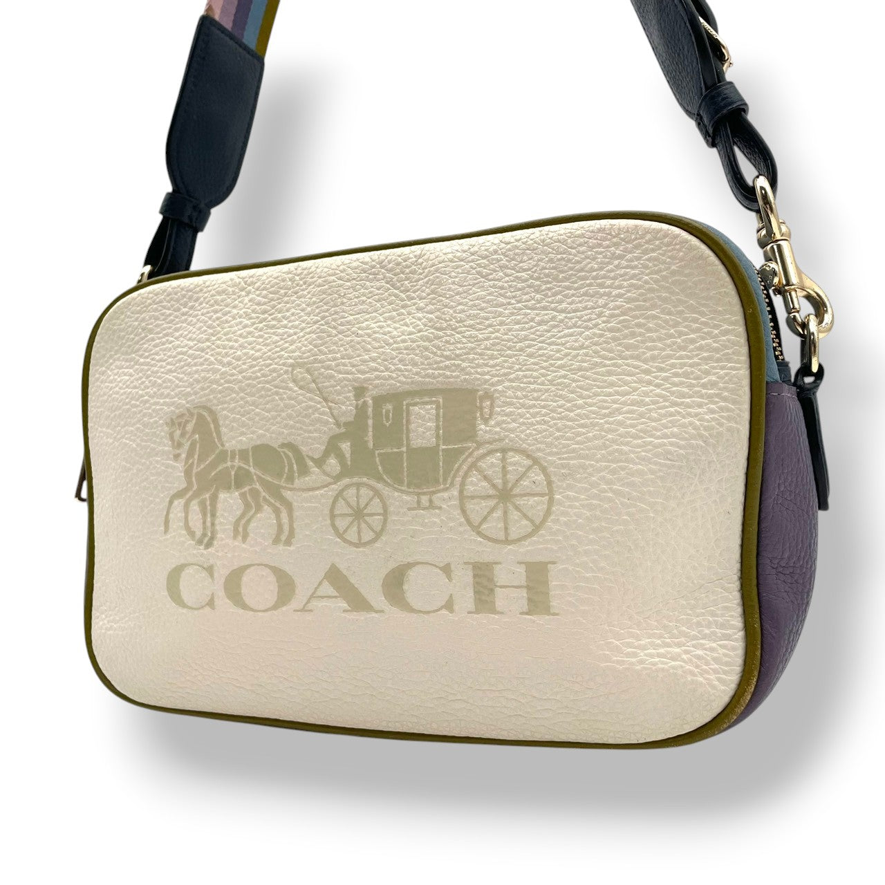 美品 COACH コーチ ショルダーバッグ カメラバッグ ペブルドレザー マルチカラー ゴールド金具 牛革 ホース キャリッジ ロゴ レディース 斜めがけ 上品 アイボリー パープル カラーブロック 普段使い コンパクト 91082 U3