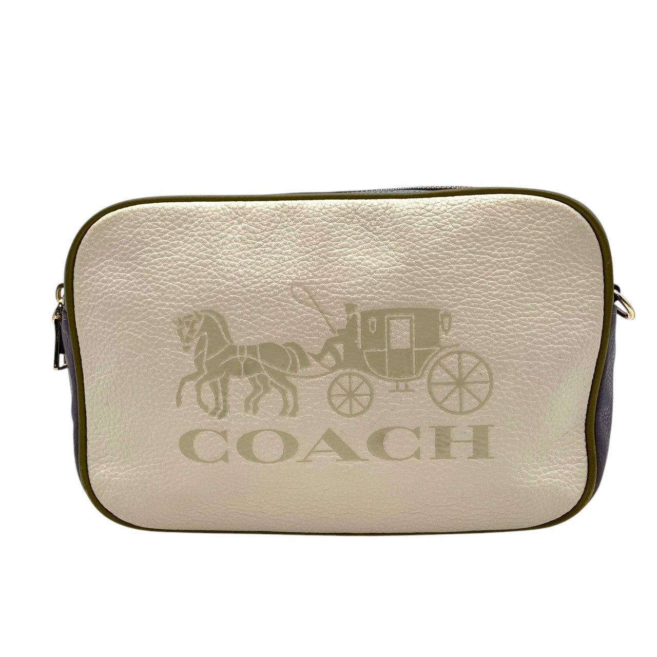 美品 COACH コーチ ショルダーバッグ カメラバッグ ペブルドレザー マルチカラー ゴールド金具 牛革 ホース キャリッジ ロゴ レディース 斜めがけ 上品 アイボリー パープル カラーブロック 普段使い コンパクト 91082 U3
