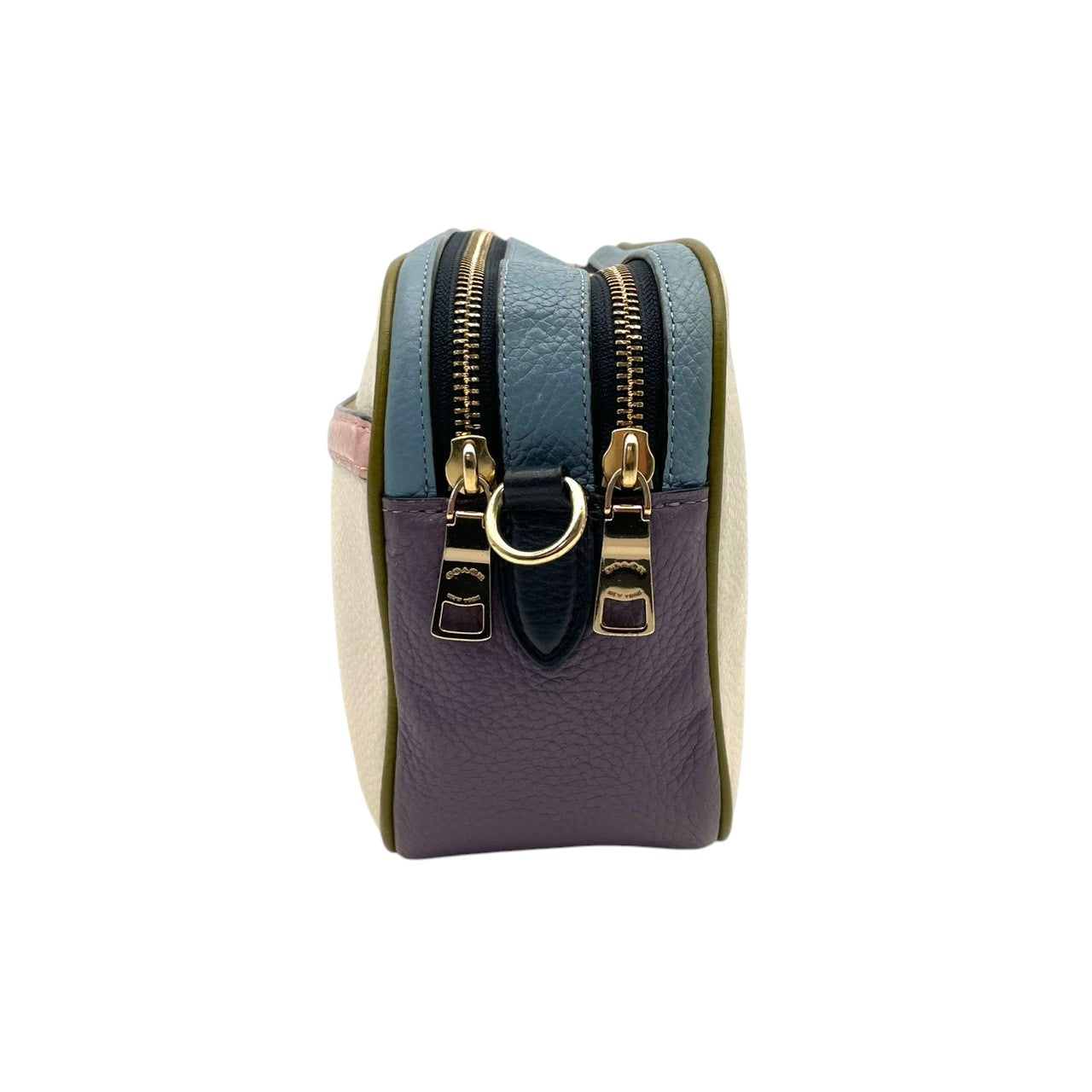 美品 COACH コーチ ショルダーバッグ カメラバッグ ペブルドレザー マルチカラー ゴールド金具 牛革 ホース キャリッジ ロゴ レディース 斜めがけ 上品 アイボリー パープル カラーブロック 普段使い コンパクト 91082 U3