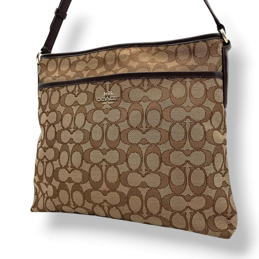 美品 COACH コーチ ショルダーバッグ シグネチャー キャンバス レザー ブラウン 茶 ゴールド金具 斜めがけ ファイルバッグ Cロゴ レディース 通勤 普段使い 総柄 クロスボディ A4収納 シンプル 上品 F55363 U2