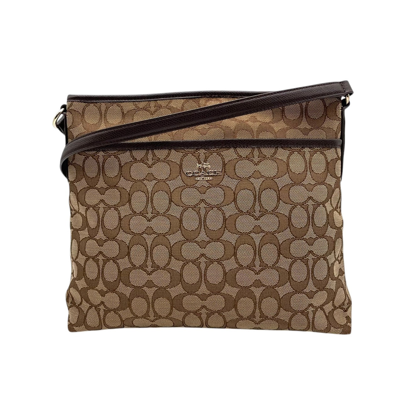 美品 COACH コーチ ショルダーバッグ シグネチャー キャンバス レザー ブラウン 茶 ゴールド金具 斜めがけ ファイルバッグ Cロゴ レディース 通勤 普段使い 総柄 クロスボディ A4収納 シンプル 上品 F55363 U2
