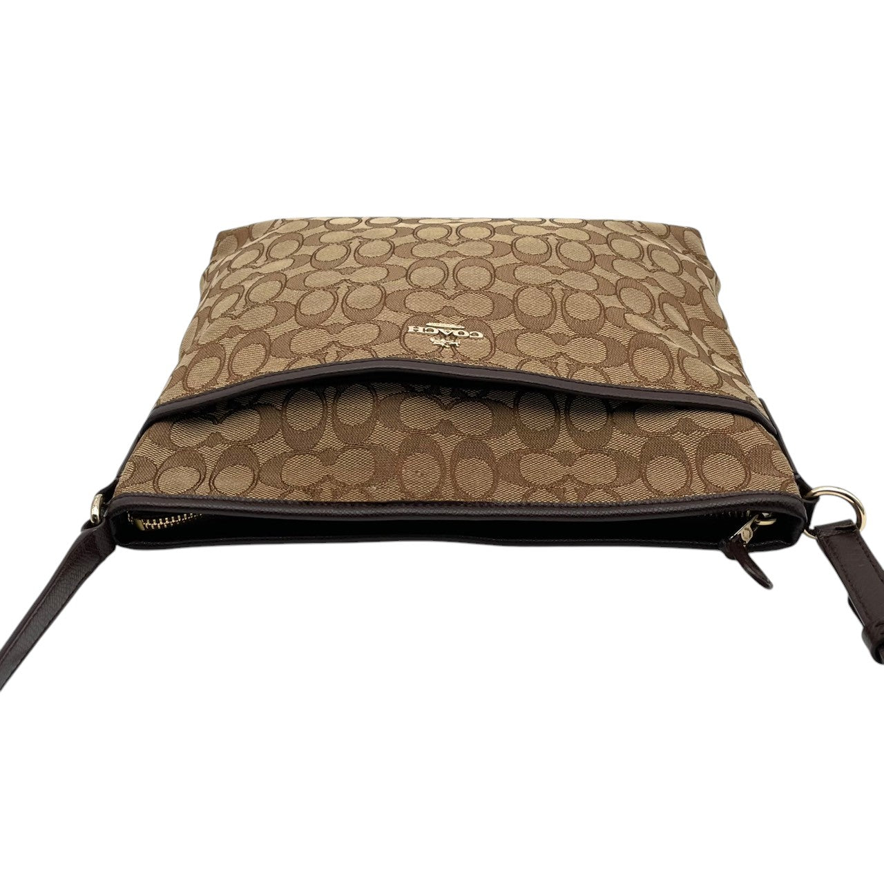 美品 COACH コーチ ショルダーバッグ シグネチャー キャンバス レザー ブラウン 茶 ゴールド金具 斜めがけ ファイルバッグ Cロゴ レディース 通勤 普段使い 総柄 クロスボディ A4収納 シンプル 上品 F55363 U2