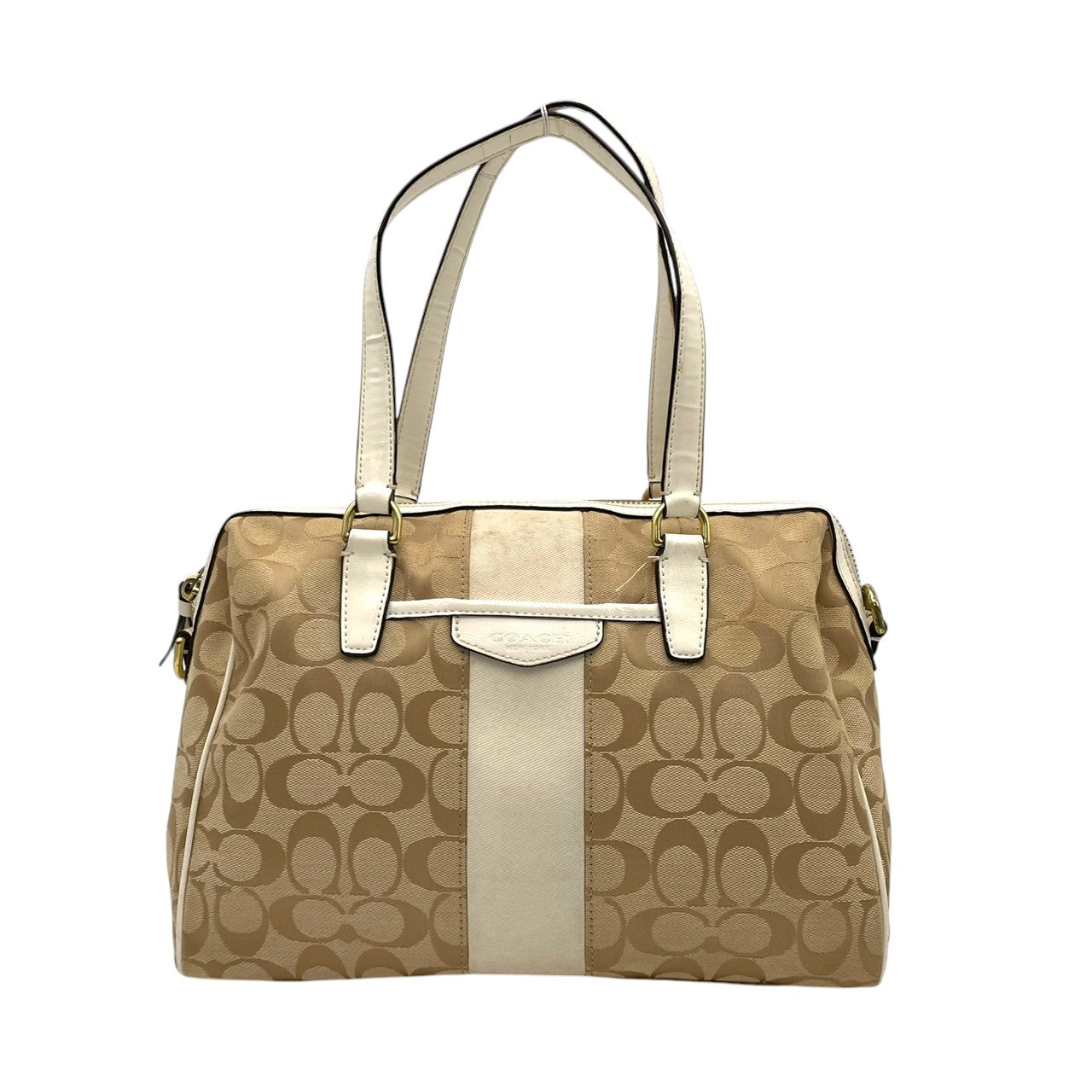 COACH コーチ トートバッグ シグネチャー キャンバス レザー ベージュ ホワイト ゴールド金具 Cロゴ 総柄 ストライプ 大容量 A4収納 レディース 通勤 普段使い ハンドバッグ 上品 シンプル F28505 U2