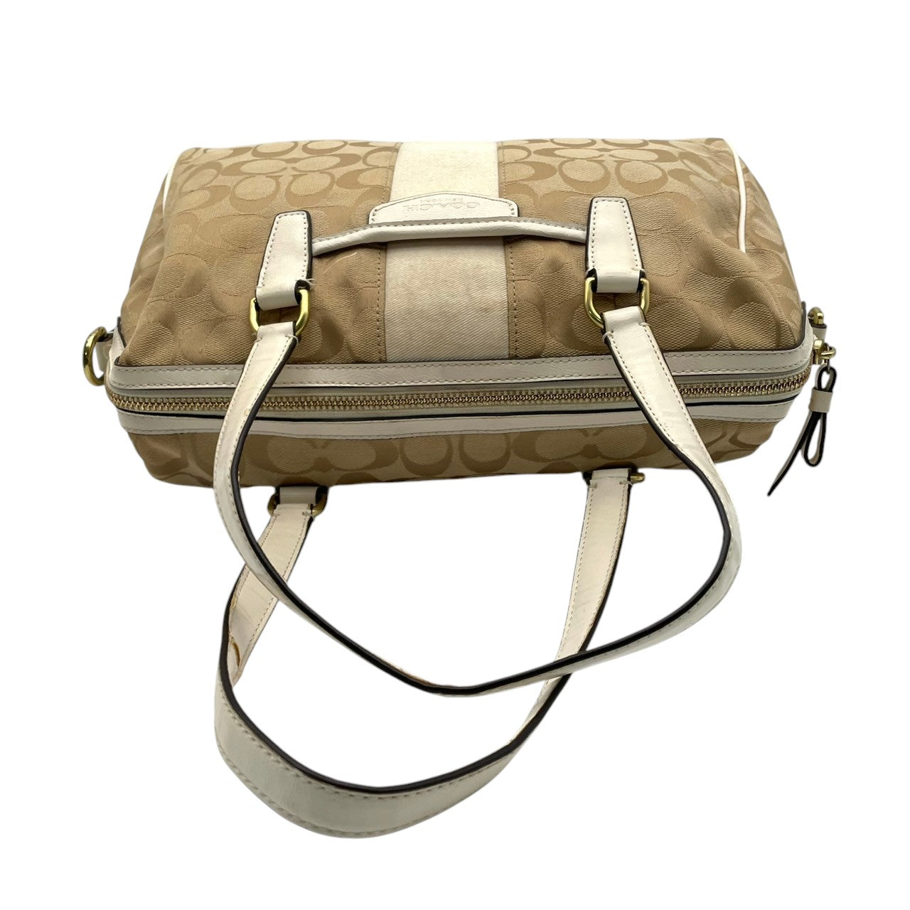 COACH コーチ トートバッグ シグネチャー キャンバス レザー ベージュ ホワイト ゴールド金具 Cロゴ 総柄 ストライプ 大容量 A4収納 レディース 通勤 普段使い ハンドバッグ 上品 シンプル F28505 U2