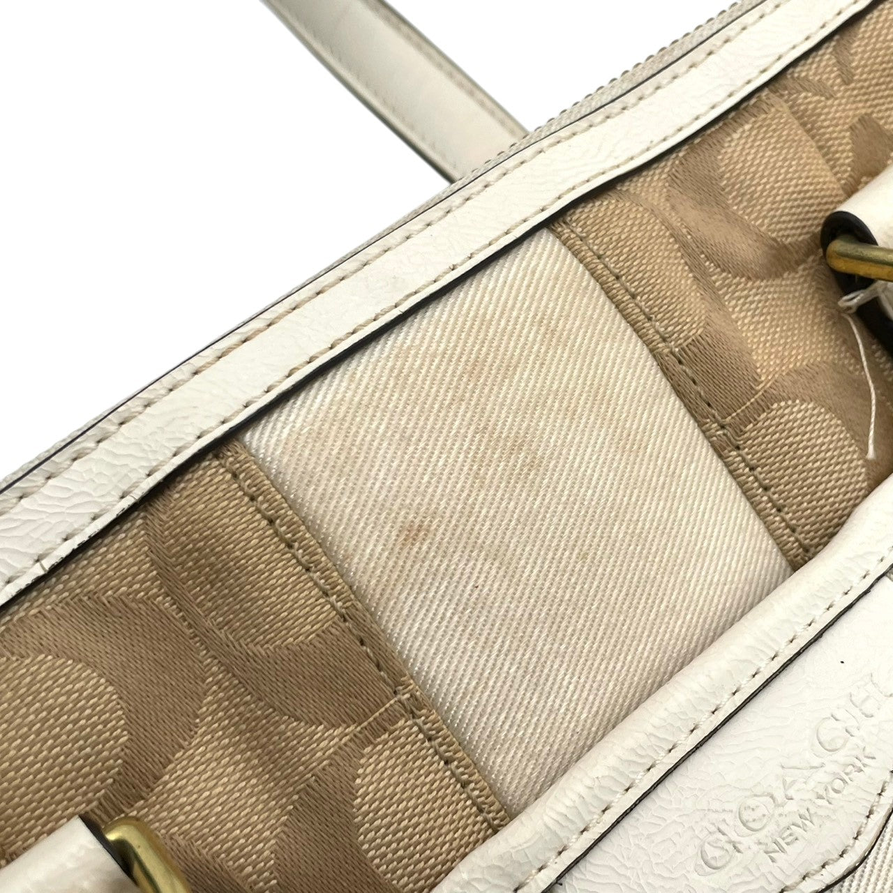 COACH コーチ トートバッグ シグネチャー キャンバス レザー ベージュ ホワイト ゴールド金具 Cロゴ 総柄 ストライプ 大容量 A4収納 レディース 通勤 普段使い ハンドバッグ 上品 シンプル F28505 U2