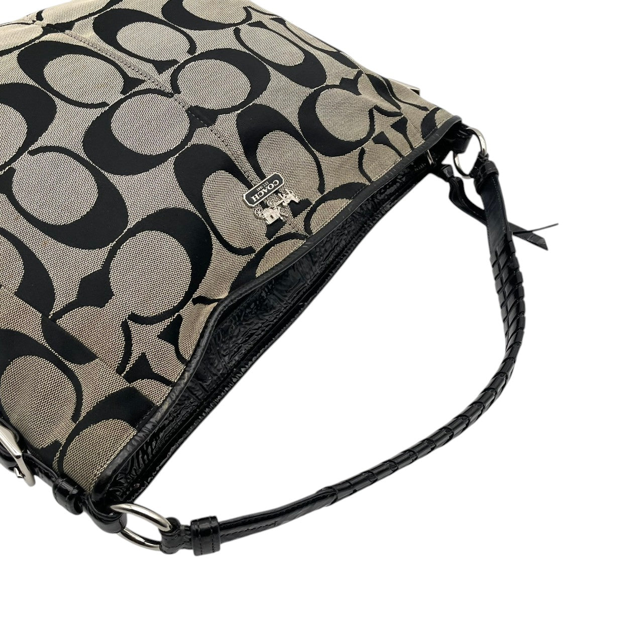 COACH コーチ ショルダーバッグ オプアート シグネチャー キャンバス パテントレザー ブラック グレー シルバー金具 Cロゴ 総柄 レディース 通勤 普段使い 大容量 ハンドバッグ 編み込み EST.1941 18903 U2
