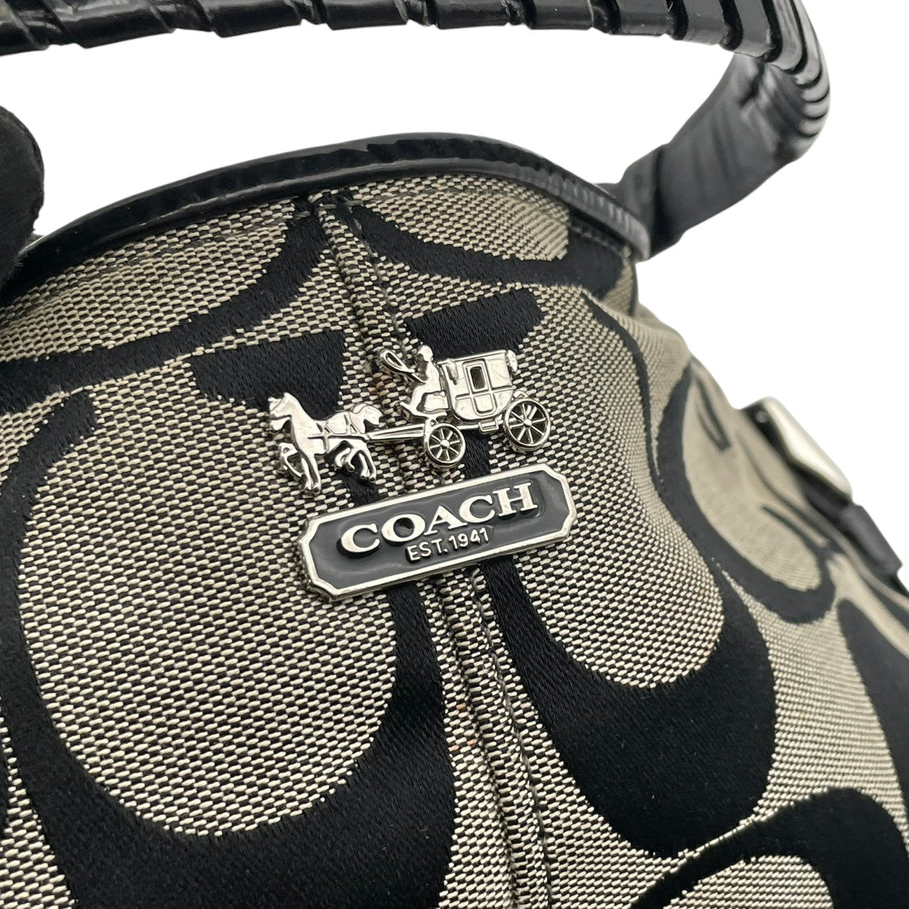 COACH コーチ ショルダーバッグ オプアート シグネチャー キャンバス パテントレザー ブラック グレー シルバー金具 Cロゴ 総柄 レディース 通勤 普段使い 大容量 ハンドバッグ 編み込み EST.1941 18903 U2