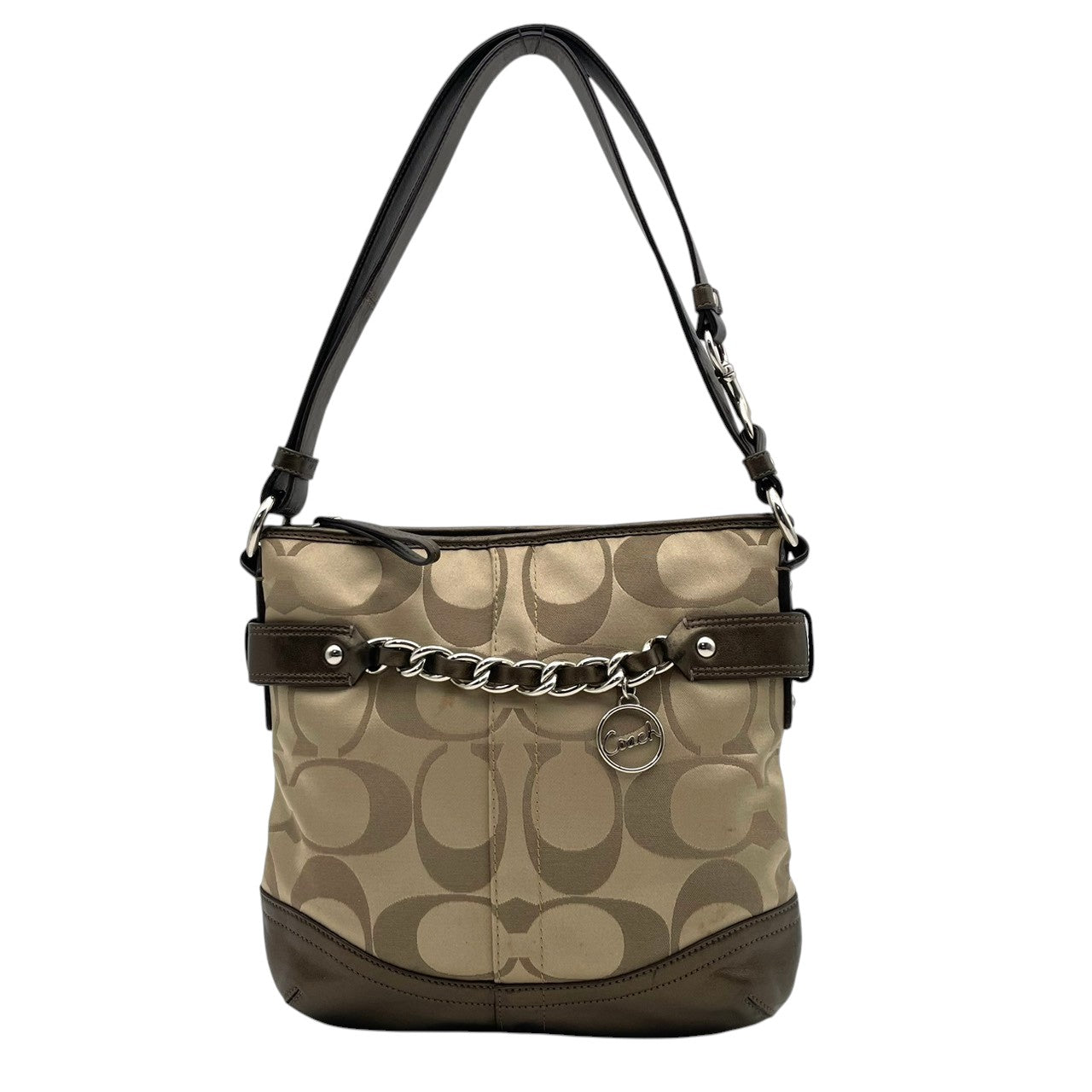 美品 COACH コーチ ショルダーバッグ オプアート シグネチャー サテン キャンバス レザー ベージュ ブロンズ シルバーチェーン チャーム Cロゴ レディース 斜めがけ 普段使い F19730 U2