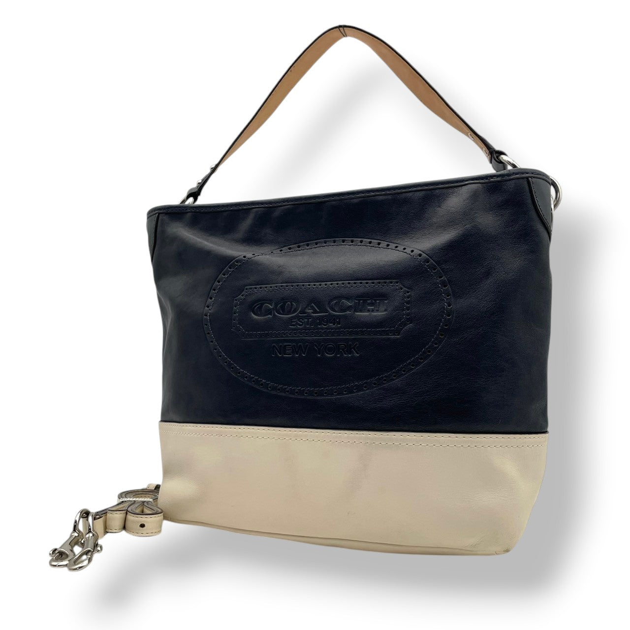 美品 COACH コーチ ショルダーバッグ レザー バイカラー ネイビー ホワイト 白 シルバー金具 EST.1941 NEW YORK エンボスロゴ 牛革 2way ハンドバッグ 斜めがけ レディース 上品 19393 U2