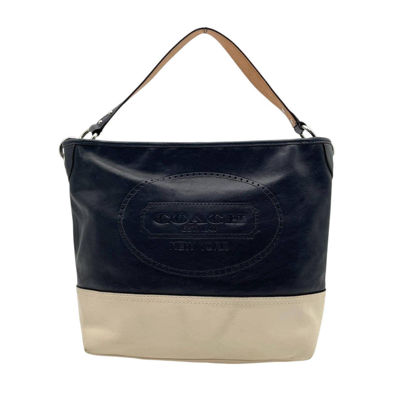 美品 COACH コーチ ショルダーバッグ レザー バイカラー ネイビー ホワイト 白 シルバー金具 EST.1941 NEW YORK エンボスロゴ 牛革 2way ハンドバッグ 斜めがけ レディース 上品 19393 U2