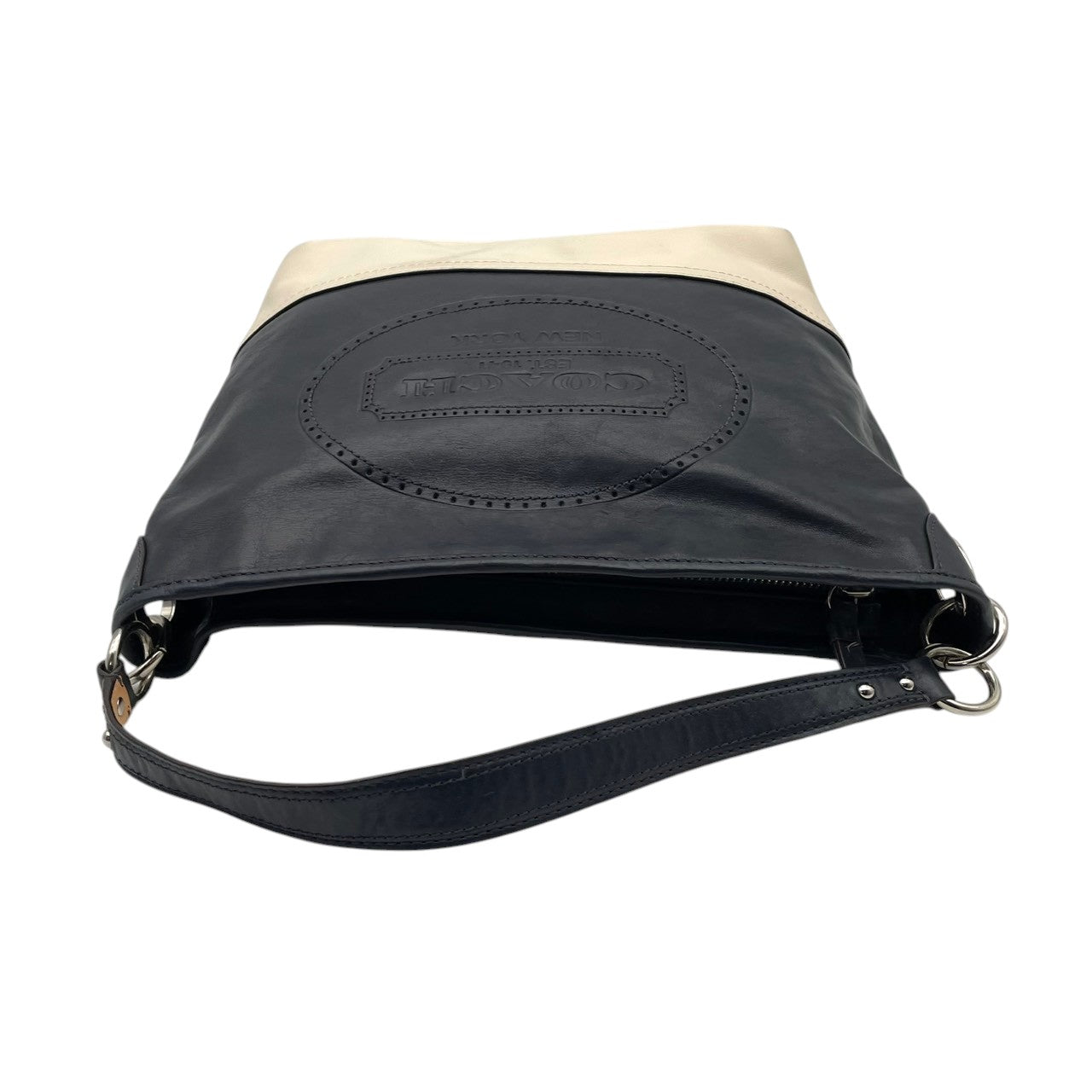 美品 COACH コーチ ショルダーバッグ レザー バイカラー ネイビー ホワイト 白 シルバー金具 EST.1941 NEW YORK エンボスロゴ 牛革 2way ハンドバッグ 斜めがけ レディース 上品 19393 U2