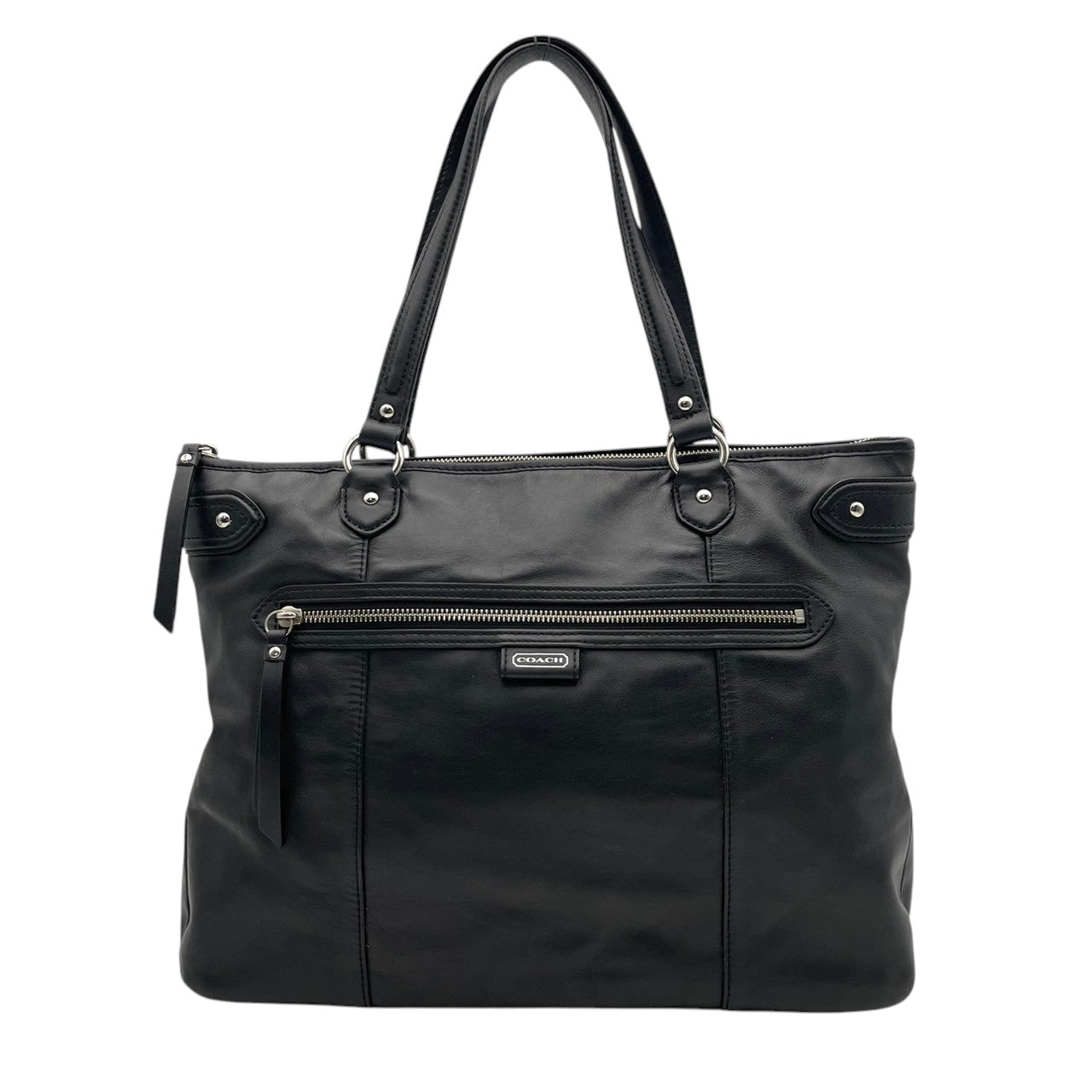 美品 COACH コーチ トートバッグ ビジネスバッグ ビジネストート レザー ブラック 黒 シルバー金具 牛革 大容量 A4収納 フロントポケット スタッズ レディース 通勤 普段使い ハンドバッグ ショルダー ジップ F28373 U2