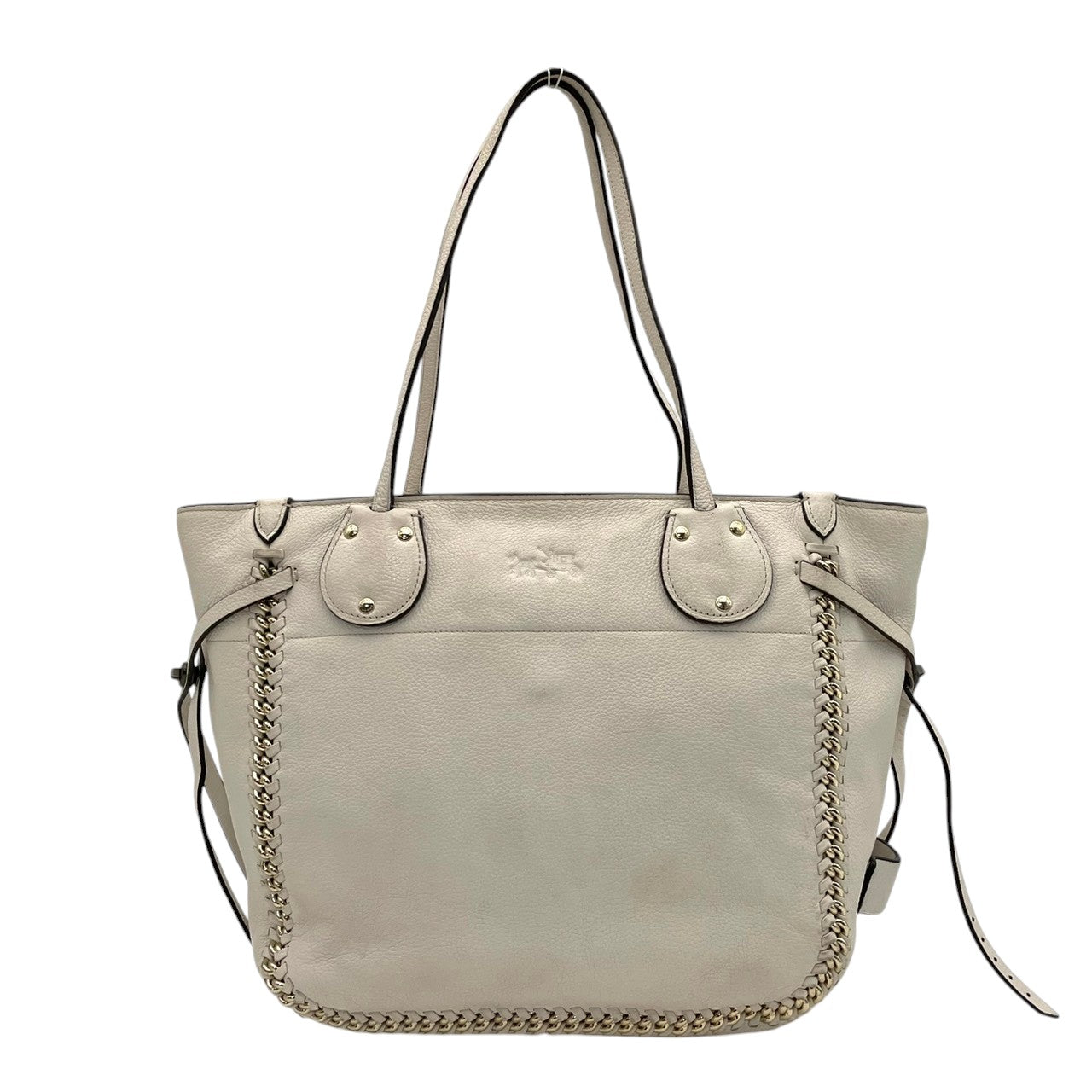 美品 COACH コーチ トートバッグ ペブルドレザー オフホワイト 白 シルバー チェーン編み込み ウィップステッチ スタッズ 牛革 大容量 2way レディース 通勤 普段使い 上品 ショルダー A4収納 U2